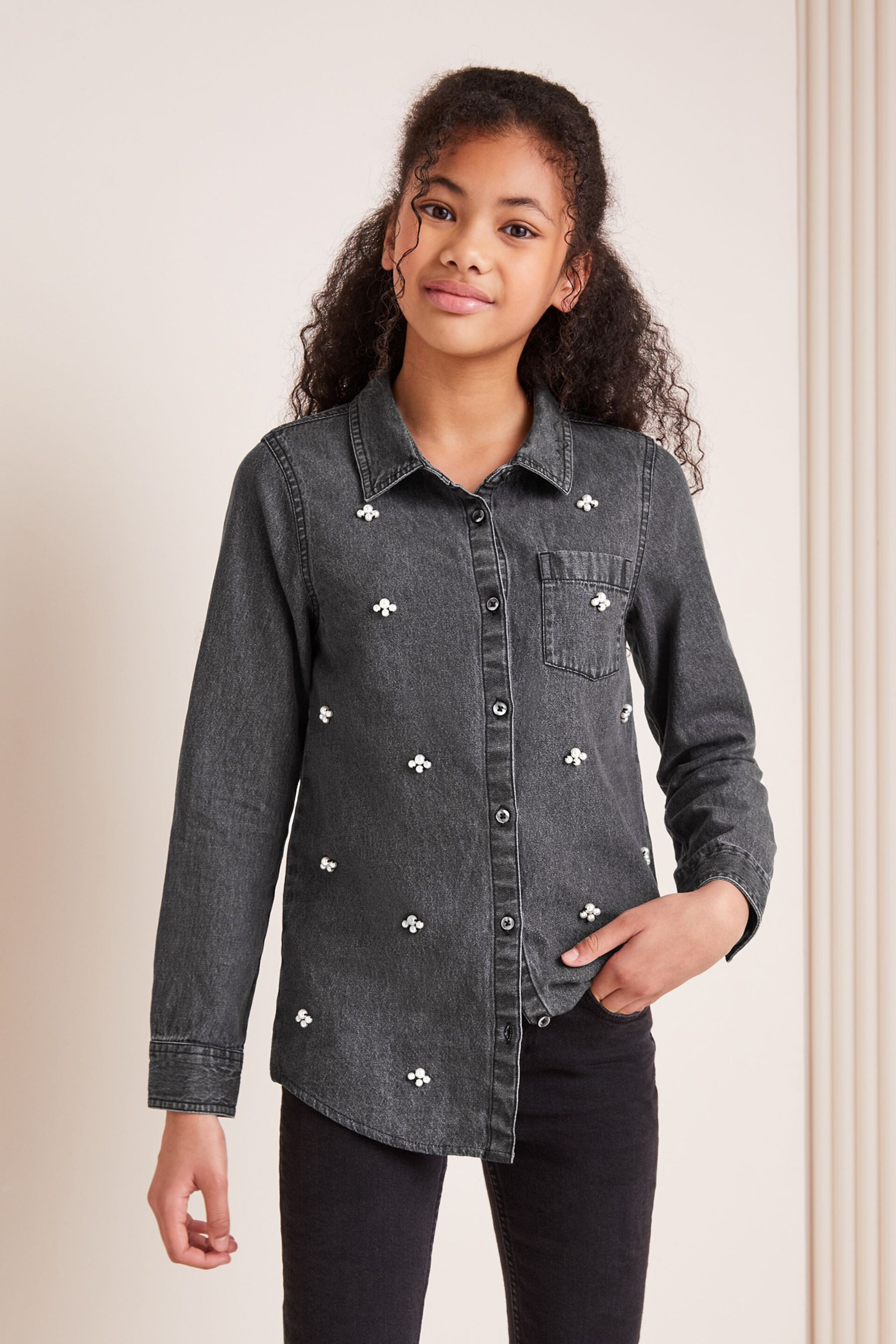 Lipsy Black Denim Diamante Shirt (5-16yrs) - Image 1 of 4