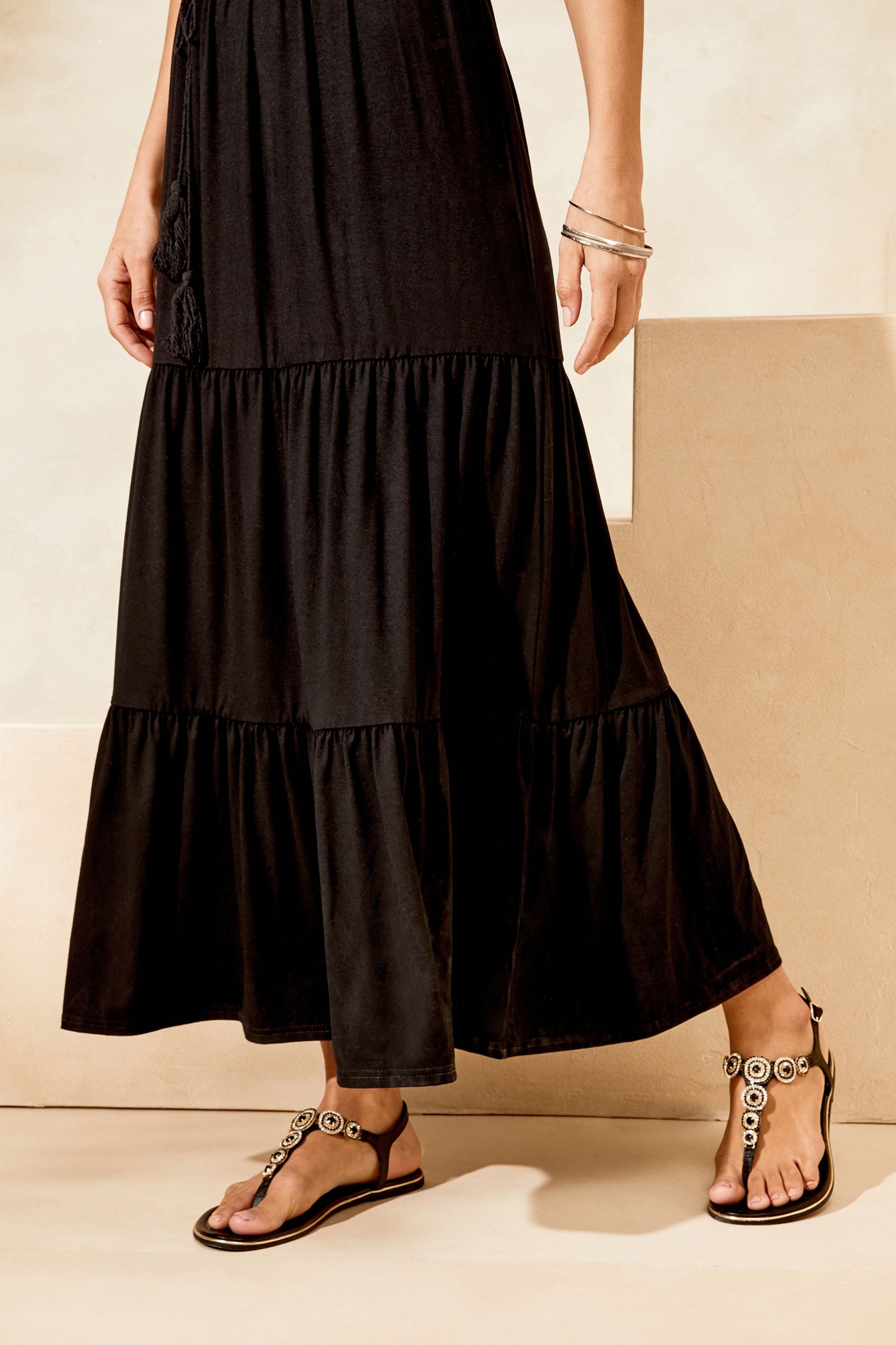 Buy Lipsy Black Jersey Belted V Neck Tiered Maxi Dress from Next Luxembourg