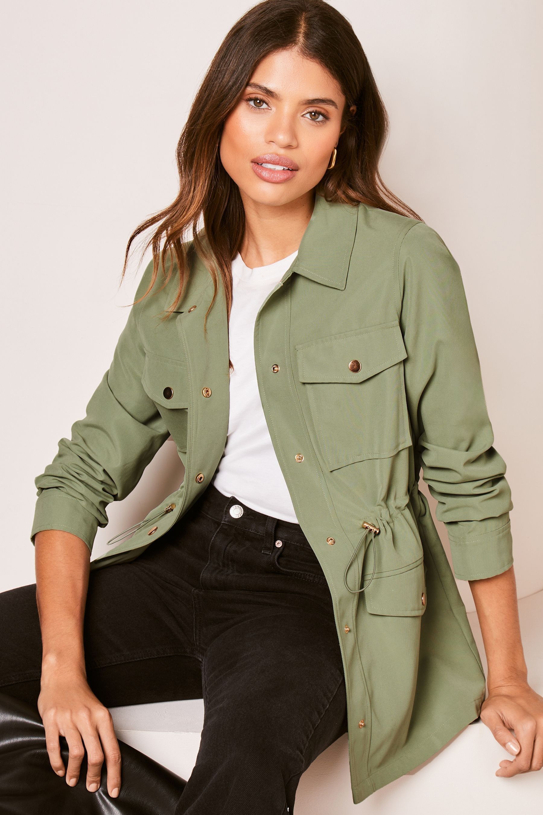 Khaki belted jacket deals
