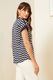 Love & Roses Navy Blue Wave Stripe Jersey V Neck Woven Trim Shortss Sleeve TShirt - Image 3 of 4