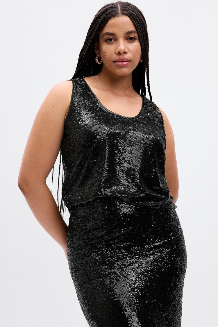 Gap Black Round Neck Sequin Mesh Vest - Image 1 of 2