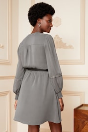 Love & Roses Grey Chiffon V Neck Elasticated Sleeve Belted Mini Dress - Image 3 of 4