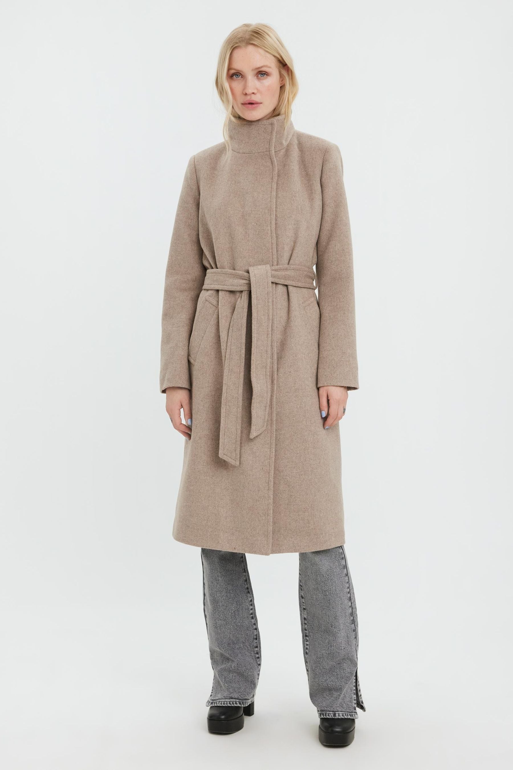 Buy VERO MODA Brown Funnel Neck Belted Coat With Wool Mix from Next Luxembourg