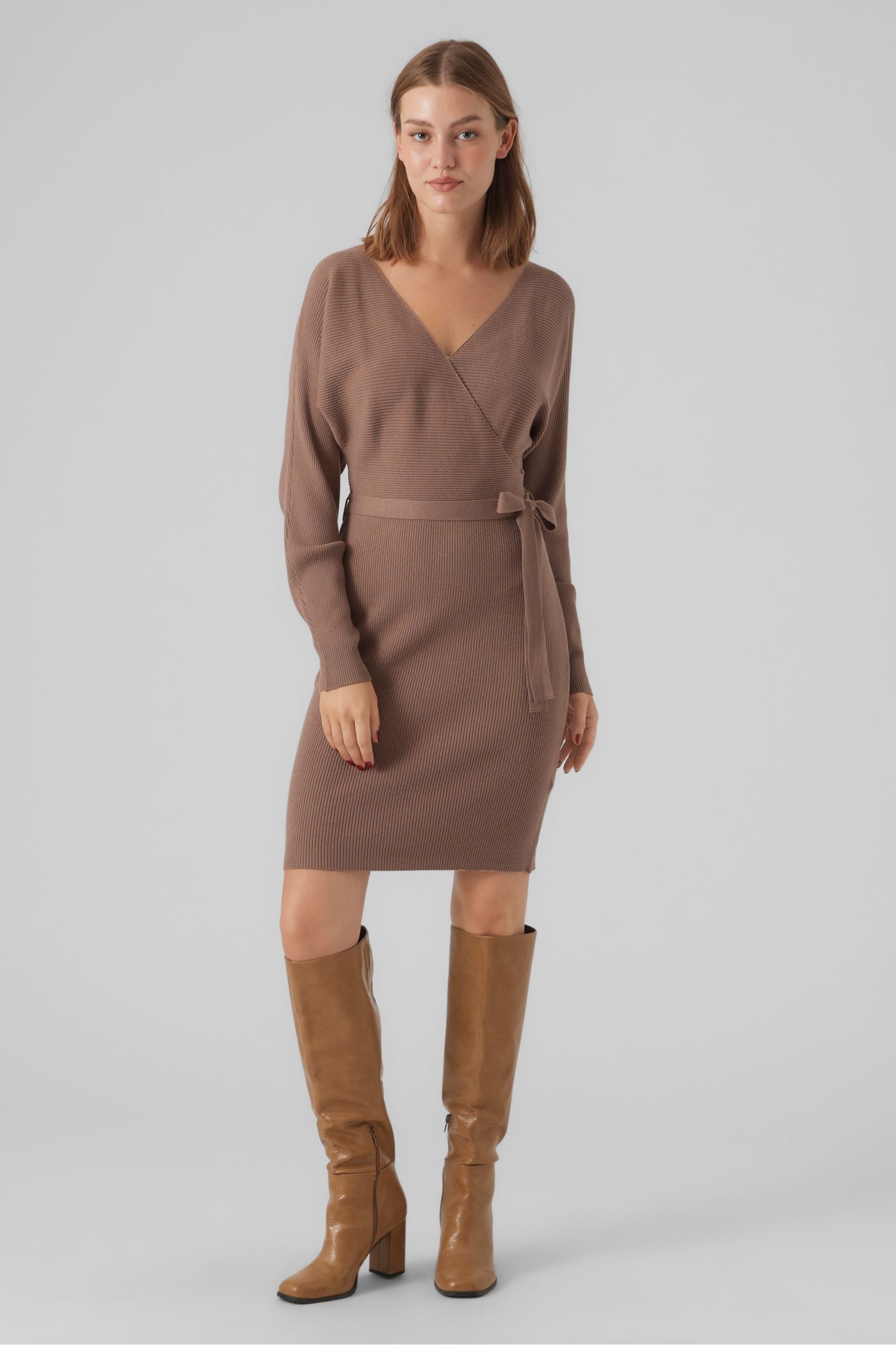 VERO MODA Brown V-Neck Wrap Belted Knitted Dress - Image 1 of 5
