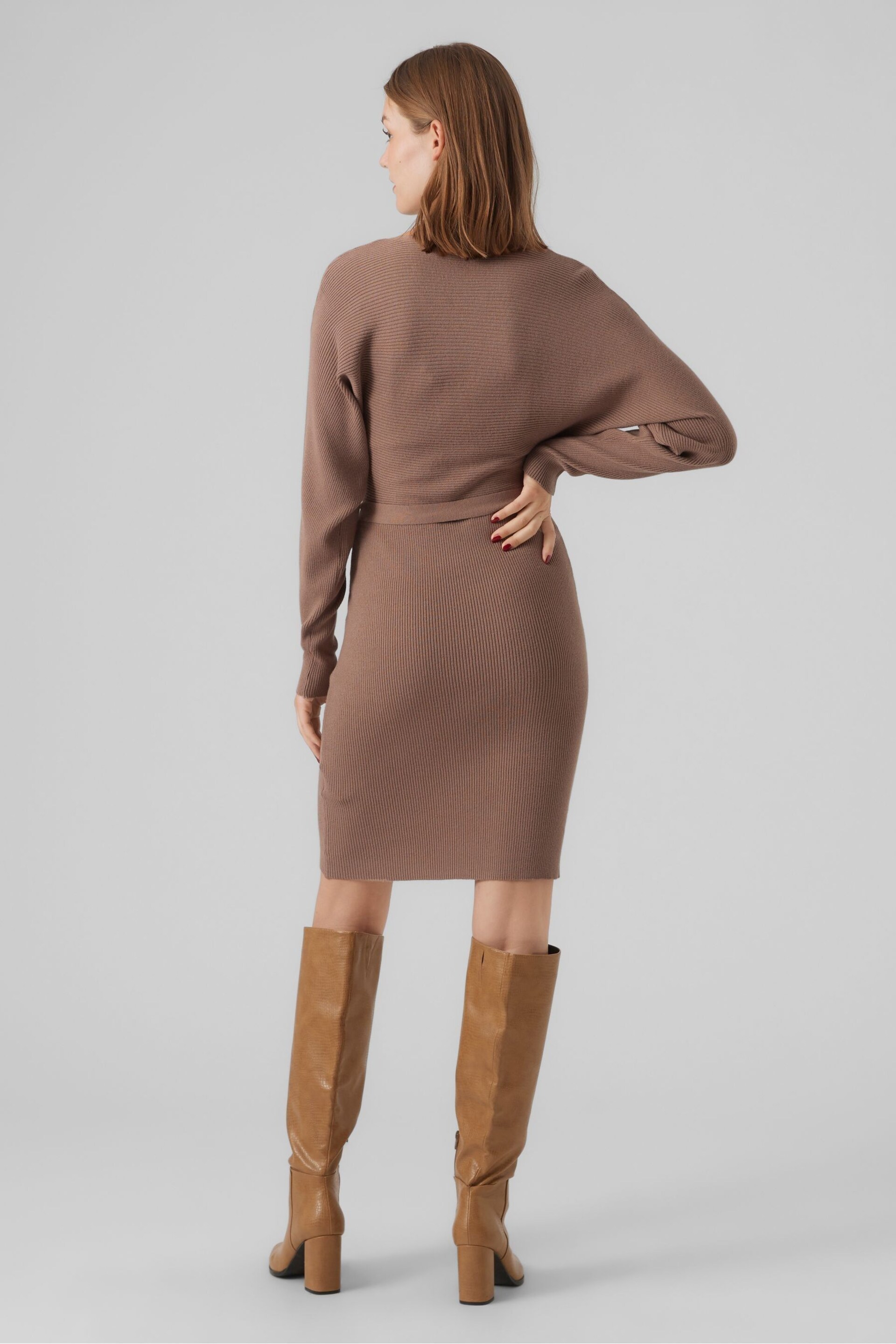 VERO MODA Brown V-Neck Wrap Belted Knitted Dress - Image 2 of 5