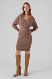 VERO MODA Brown V-Neck Wrap Belted Knitted Dress - Image 3 of 5