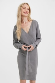 VERO MODA Grey V-Neck Wrap Belted Knitted Dress - Image 1 of 5