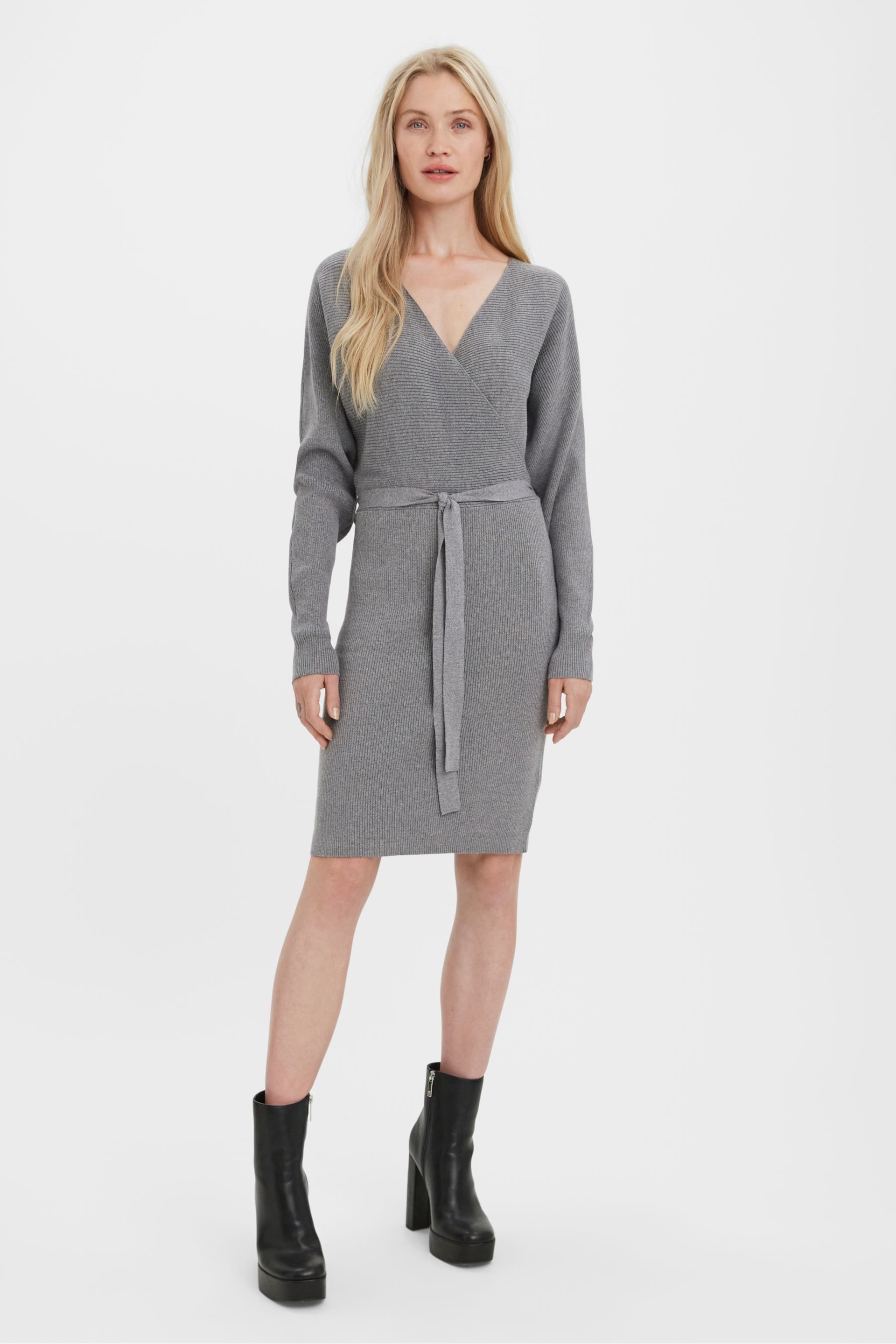 VERO MODA Grey V-Neck Wrap Belted Knitted Dress - Image 3 of 5