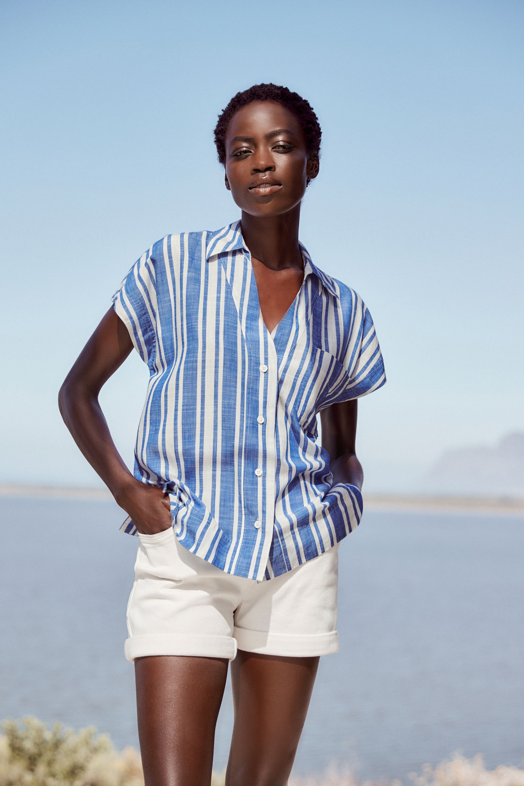 White blue striped shorts cheap