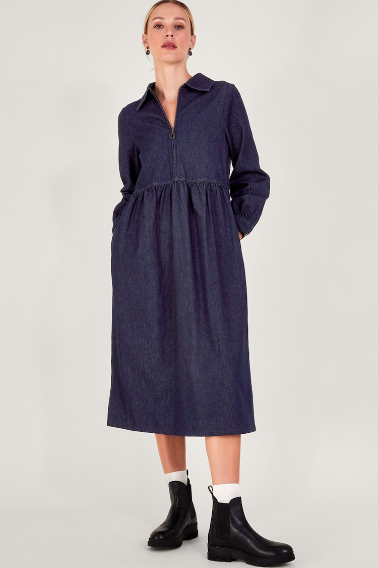 Monsoon Blue Alana Midi Zip 100% Cotton Dress - Image 2 of 6