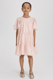 Reiss Pink Leonie Teen Tiered Embroidered Dress - Image 1 of 6