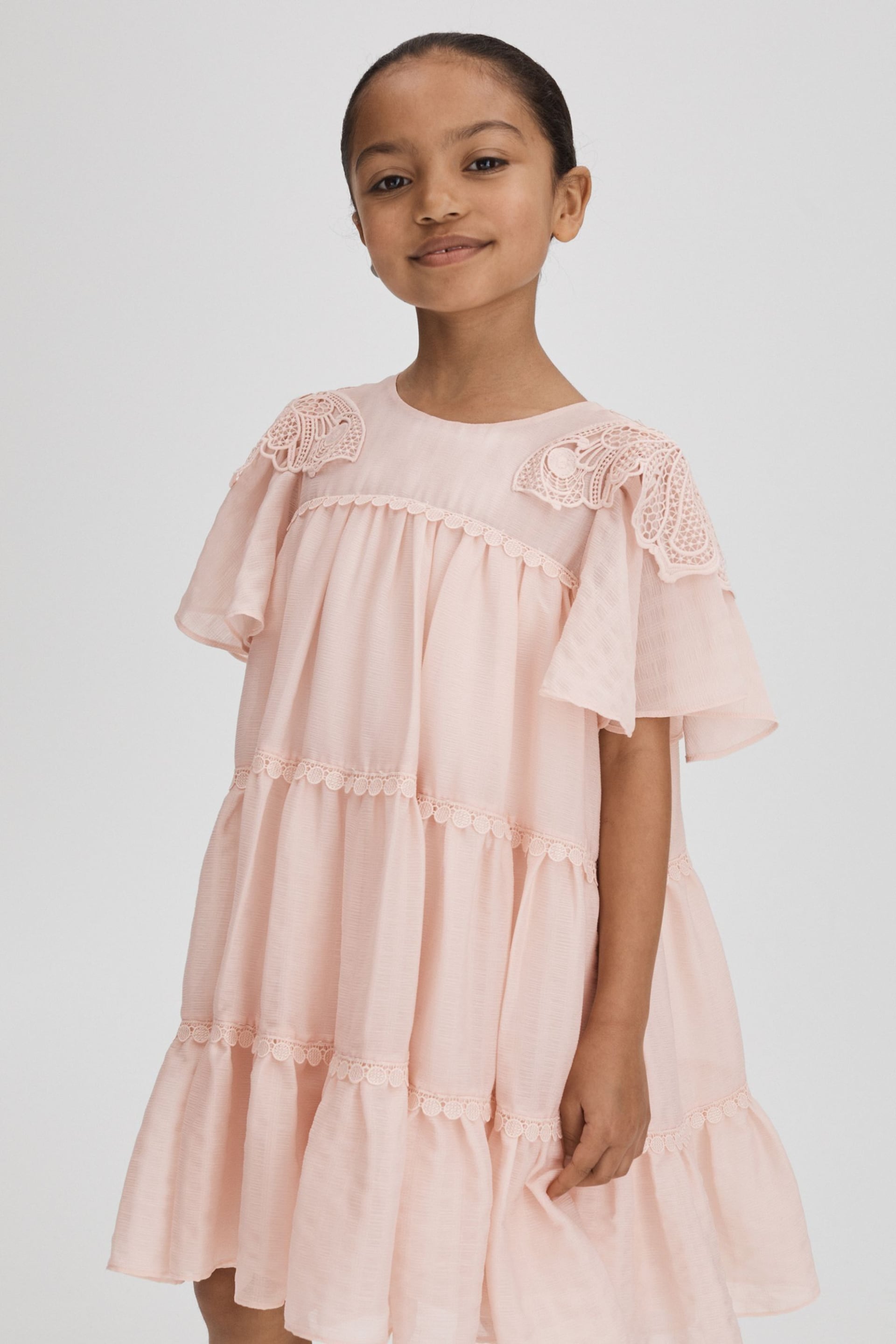 Reiss Pink Leonie Teen Tiered Embroidered Dress - Image 3 of 6