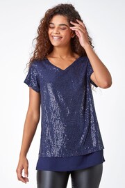 Roman Blue Sequin Contrast Hem Stretch Top - Image 1 of 5