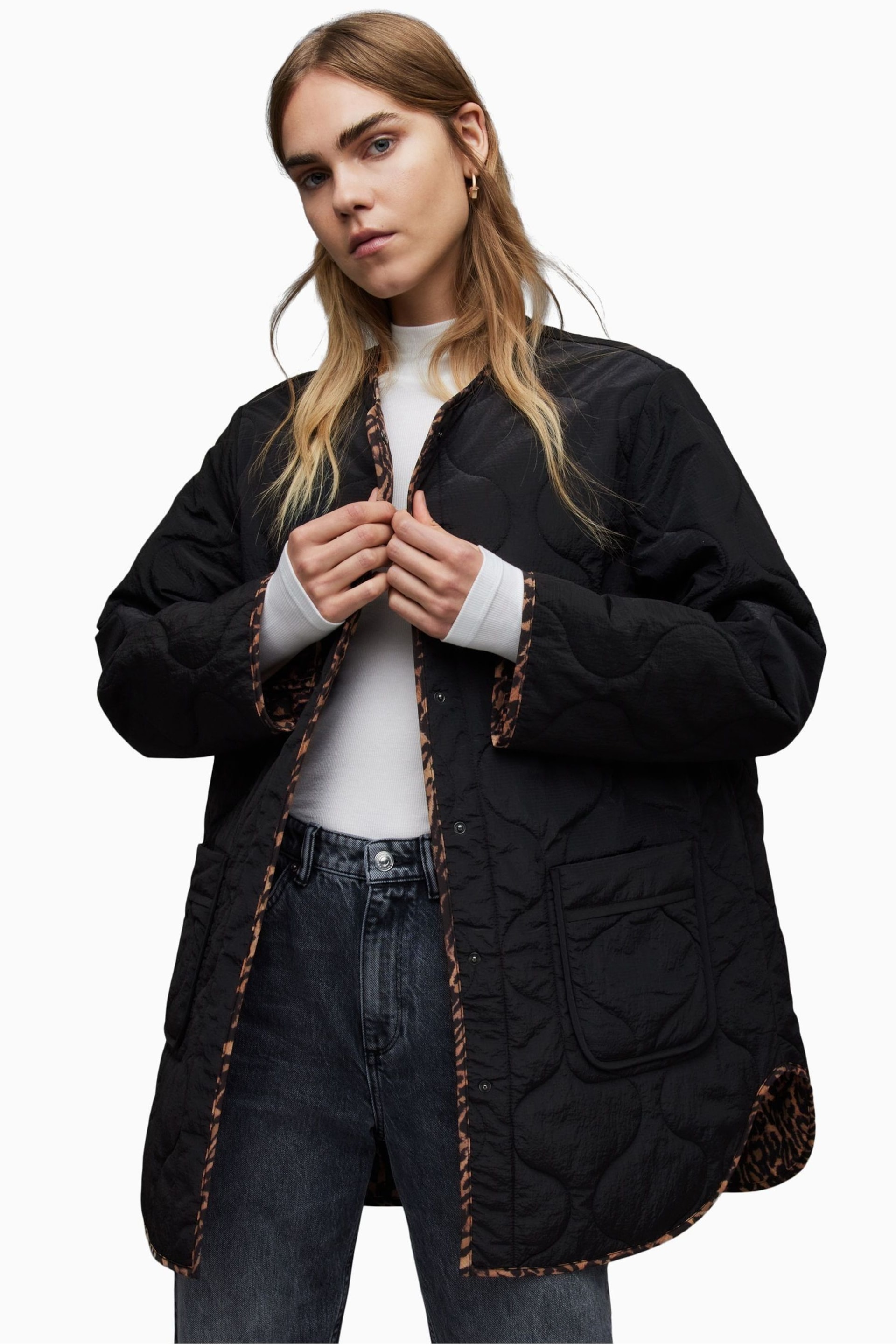 AllSaints Black Phyllis Leppo Liner Jacket - Image 1 of 7