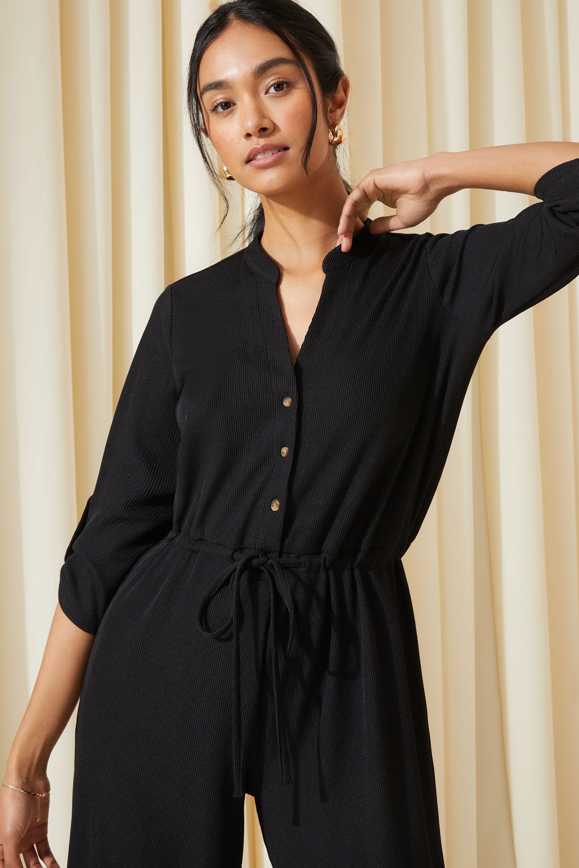 Friends Like These Black Jersey Long Sleeve Cinched Waist Jumpsuit - Image 2 of 4