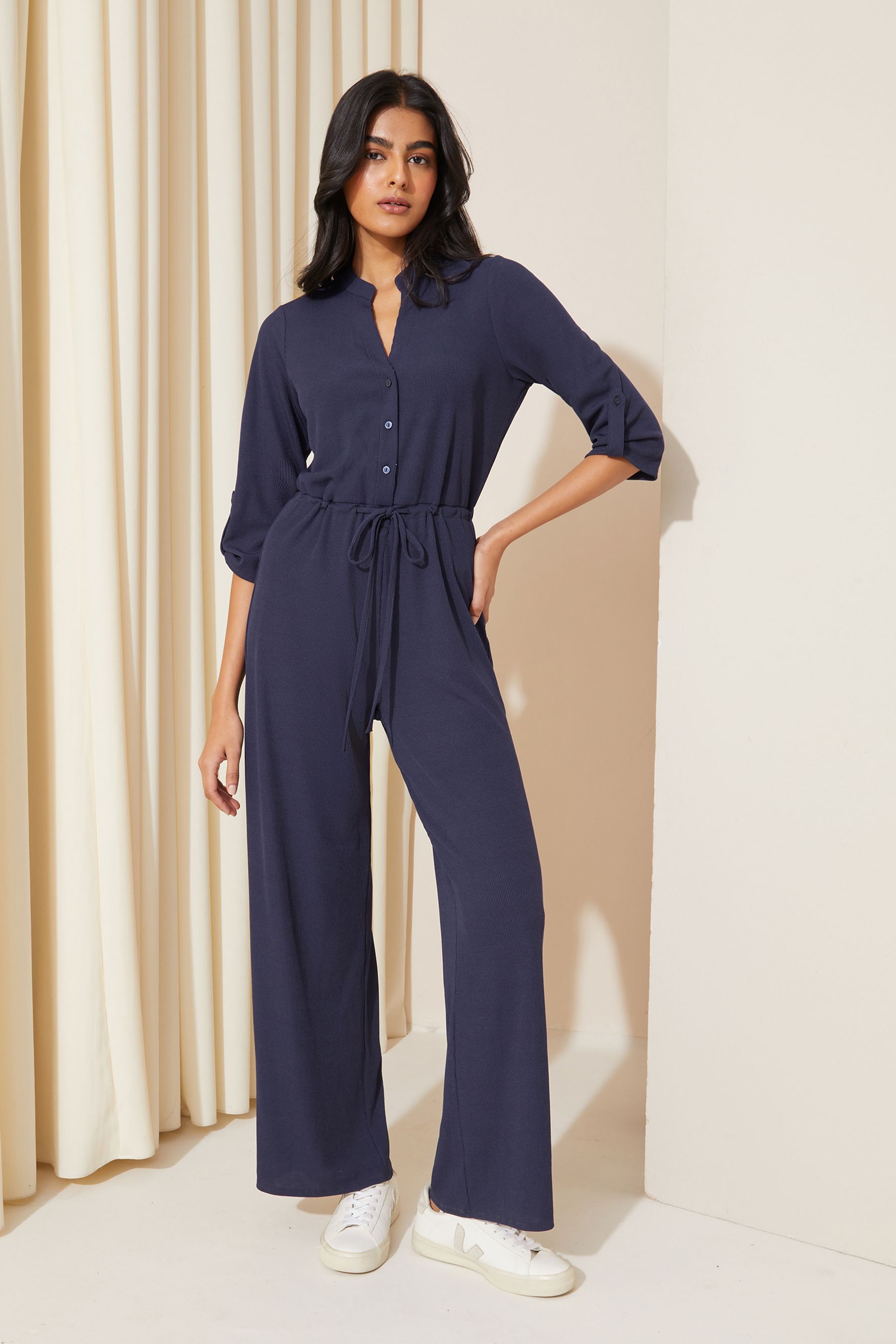 Buy Friends Like These Navy Blue Jersey Long Sleeve Cinched Waist Jumpsuit from Next Luxembourg