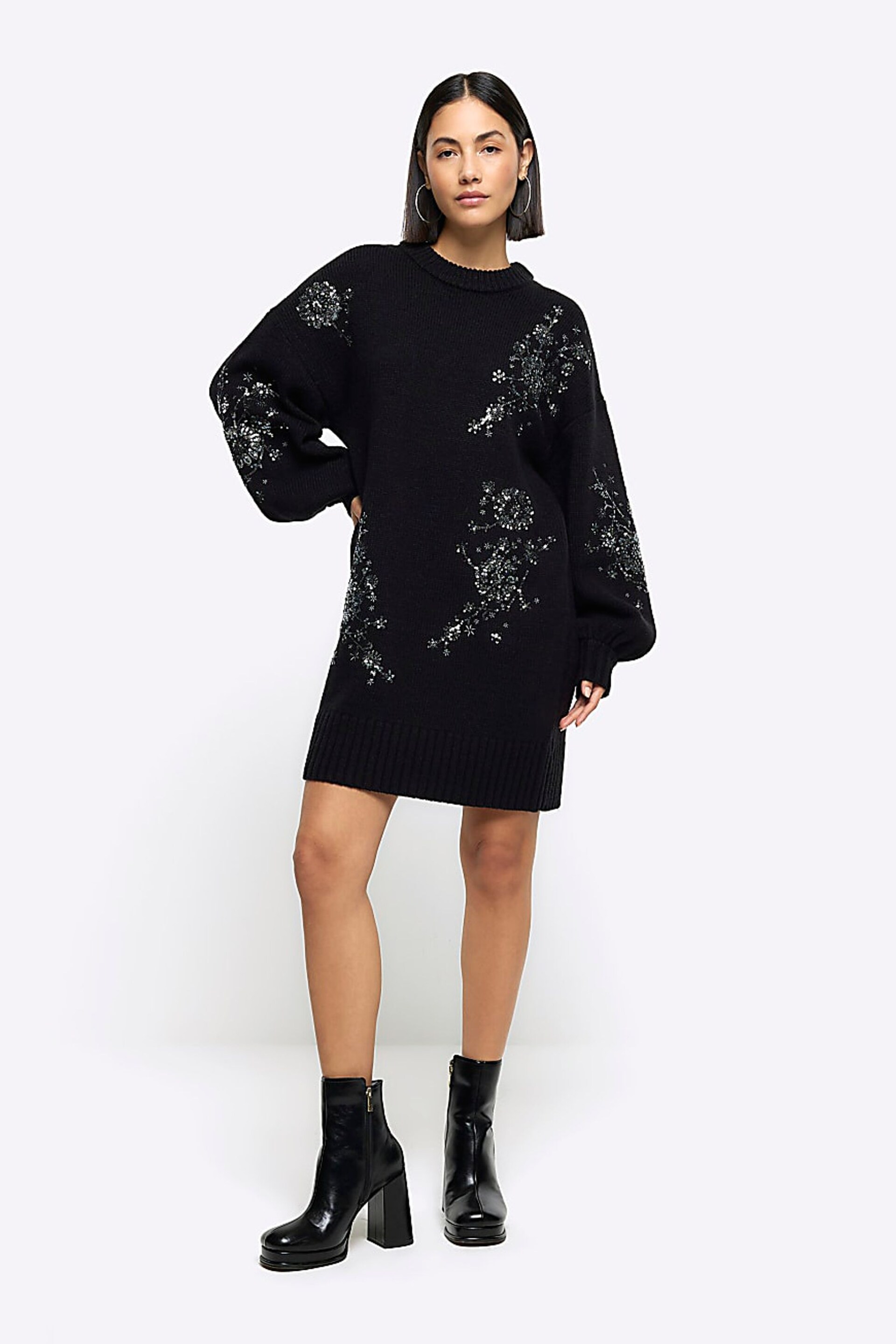 River Island Black Embellished Jumper Dress - Image 3 of 6