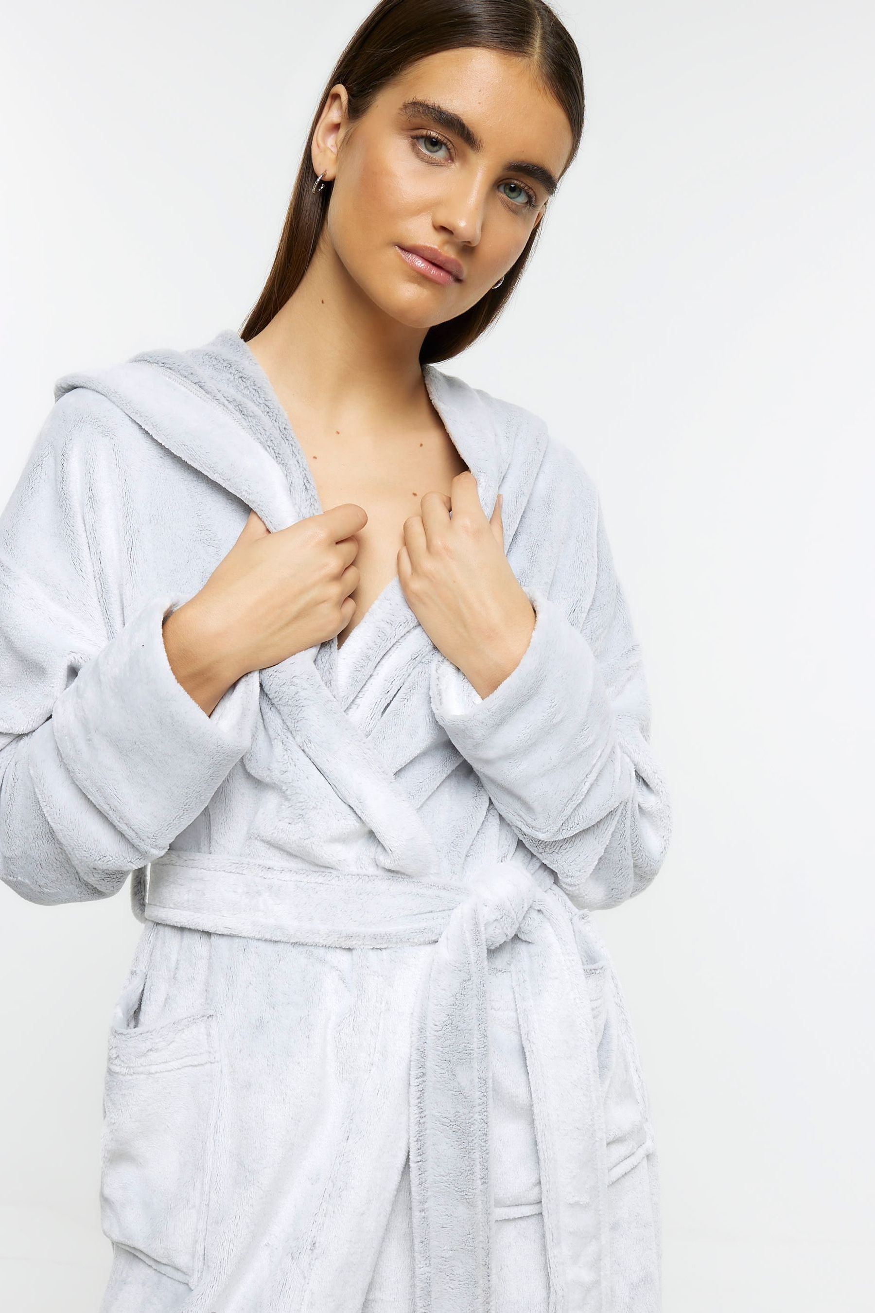 Buy River Island Grey Fluffy Hooded Dressing Gown from Next Ireland