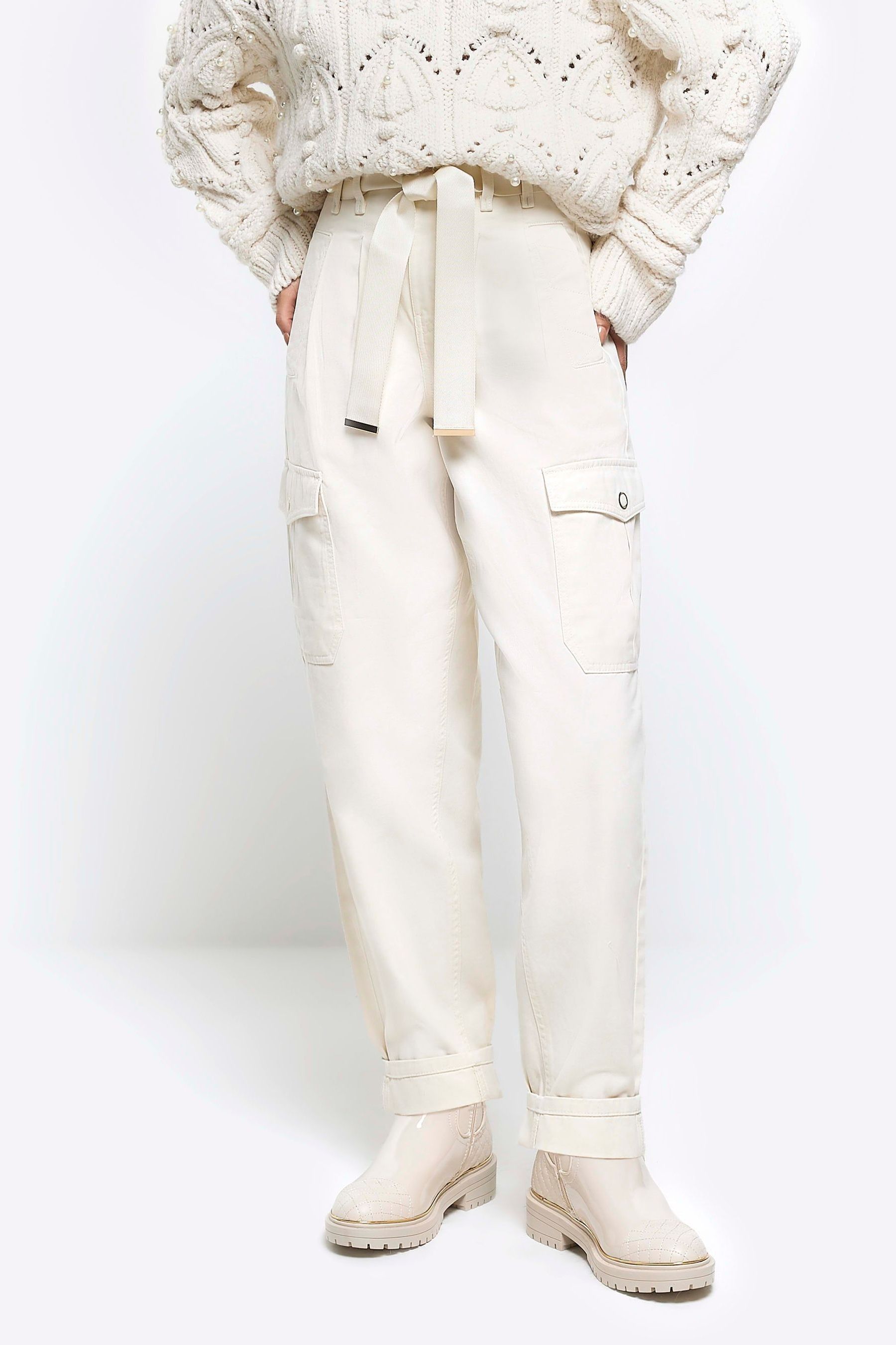 Buy River Island Cream Paperbag Belted Cargo Trousers from Next Luxembourg