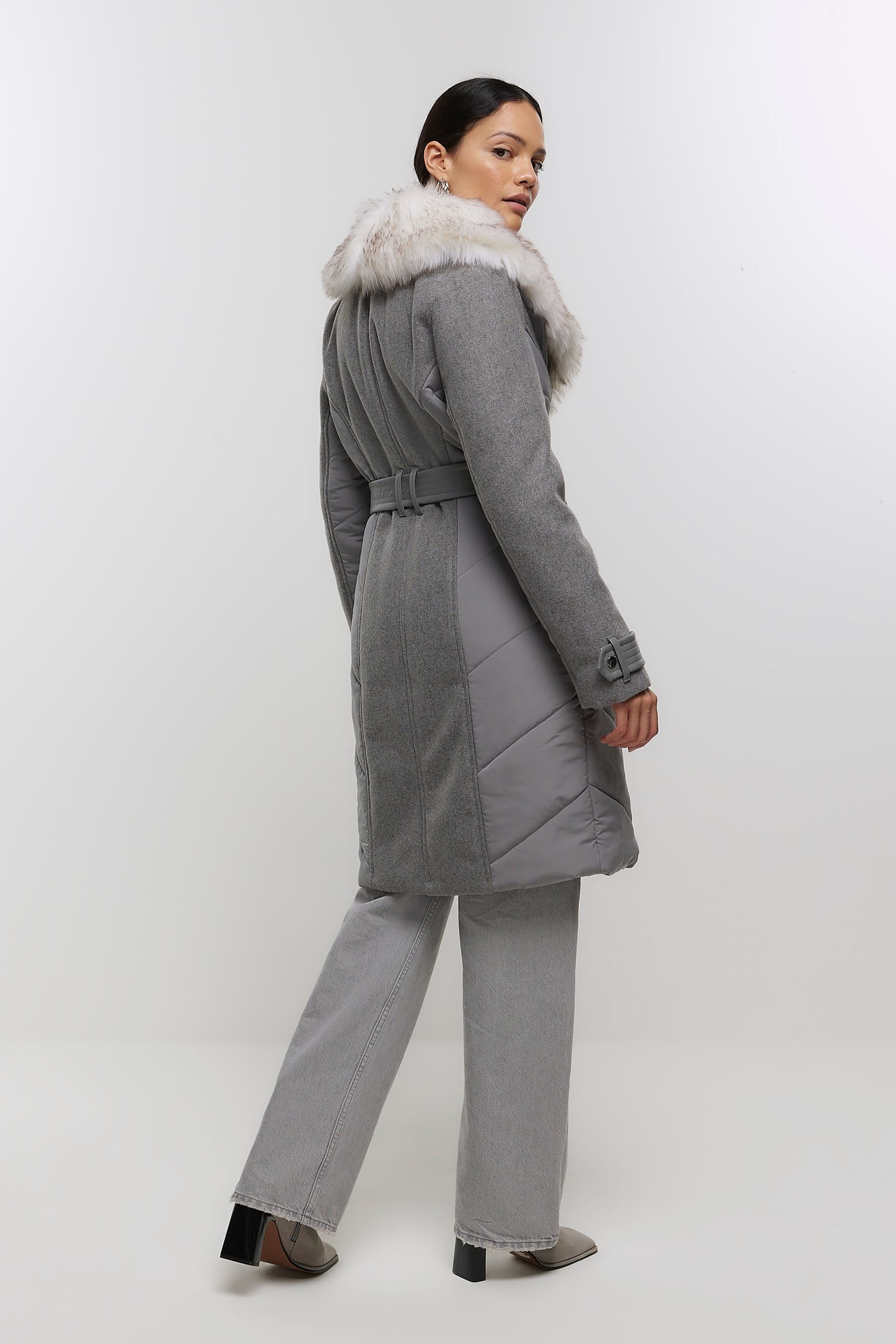Buy River Island Grey Faux Fur Collar Belted Jacket Jacket from Next Slovenia