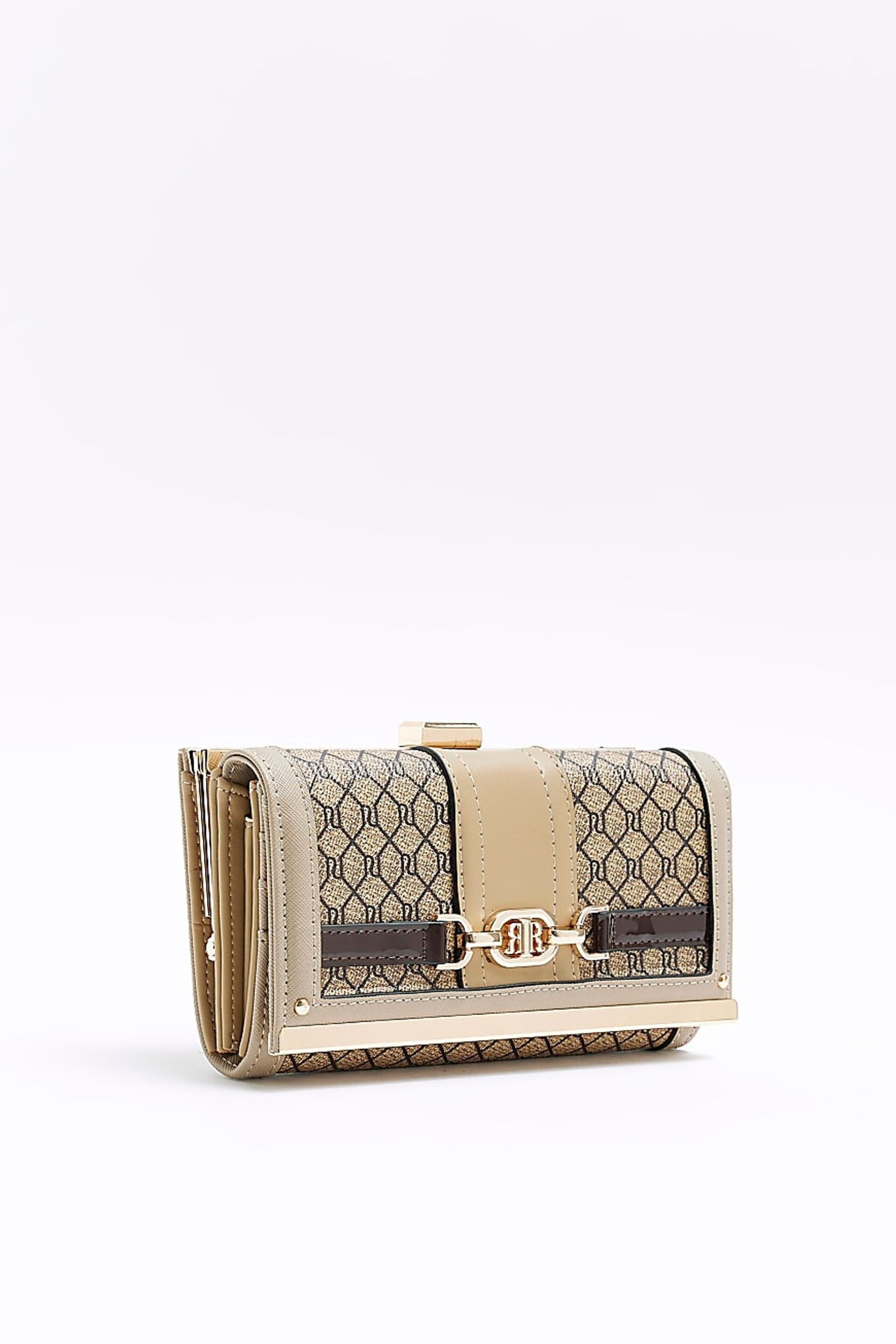 River Island Brown Monogram Snaffle Cliptop Purse - Image 3 of 5