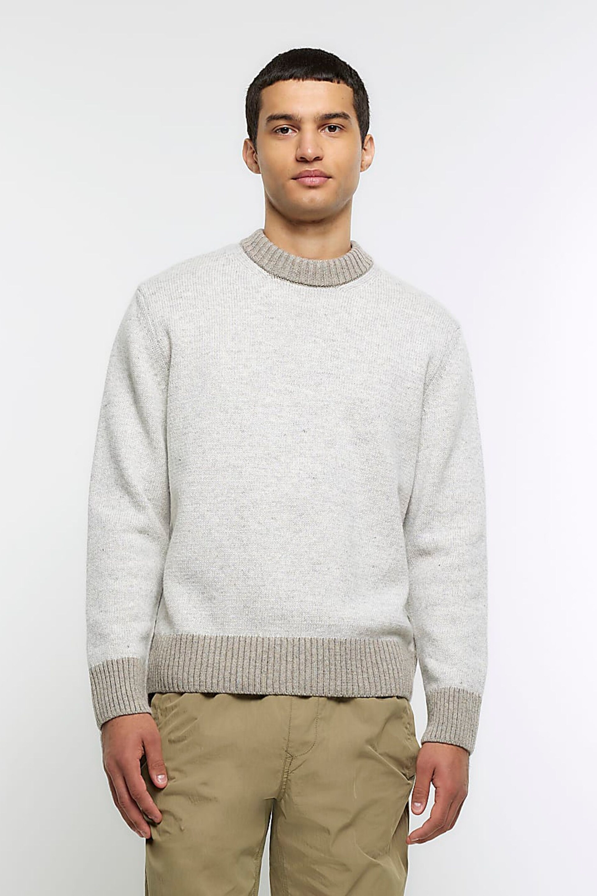 River Island Natural Contrast Trim Crewneck Jumper - Image 1 of 6