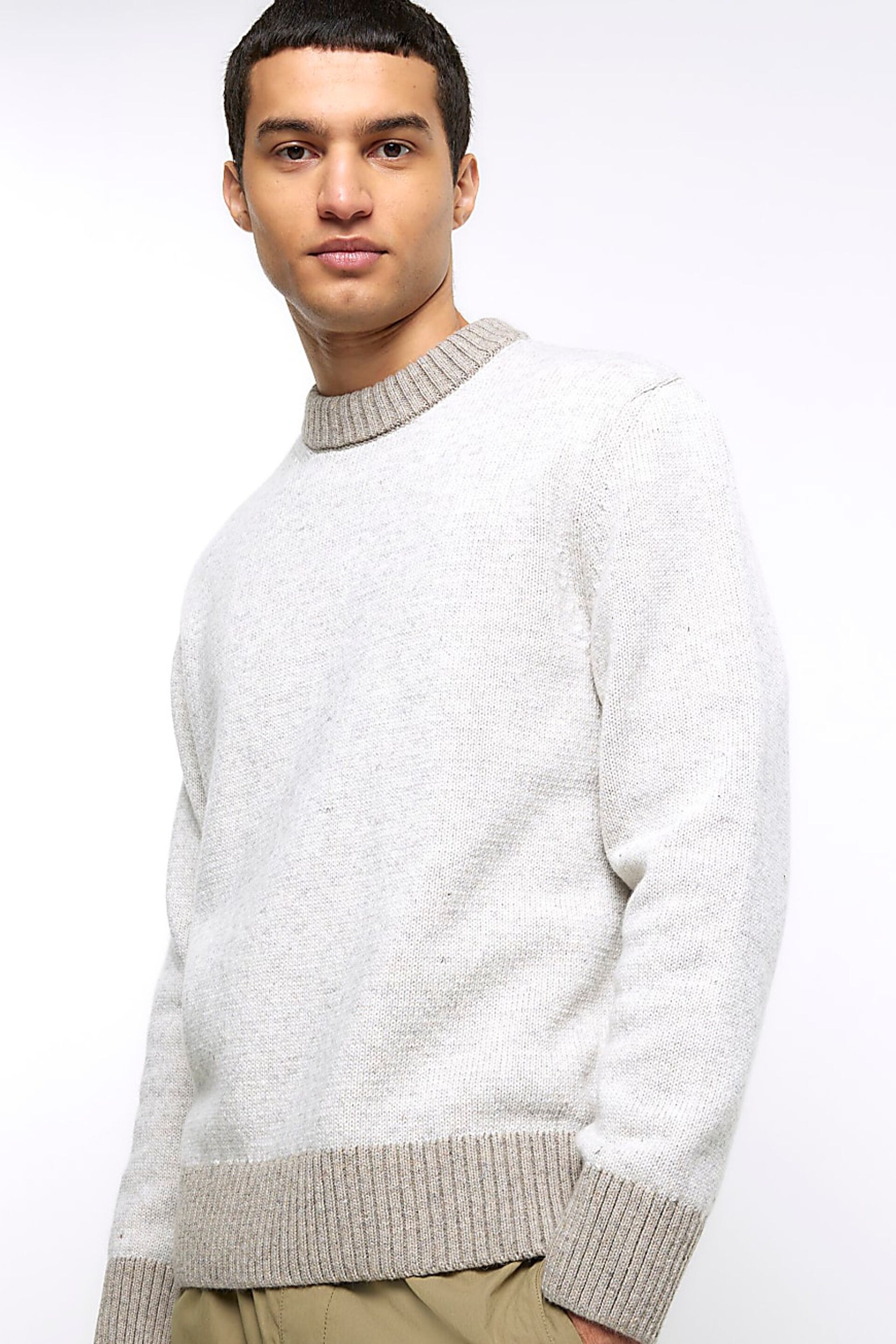 River Island Natural Contrast Trim Crewneck Jumper - Image 4 of 6