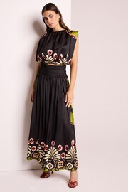 Black Satin Bright Floral Print Maxi Skirt - Image 1 of 7