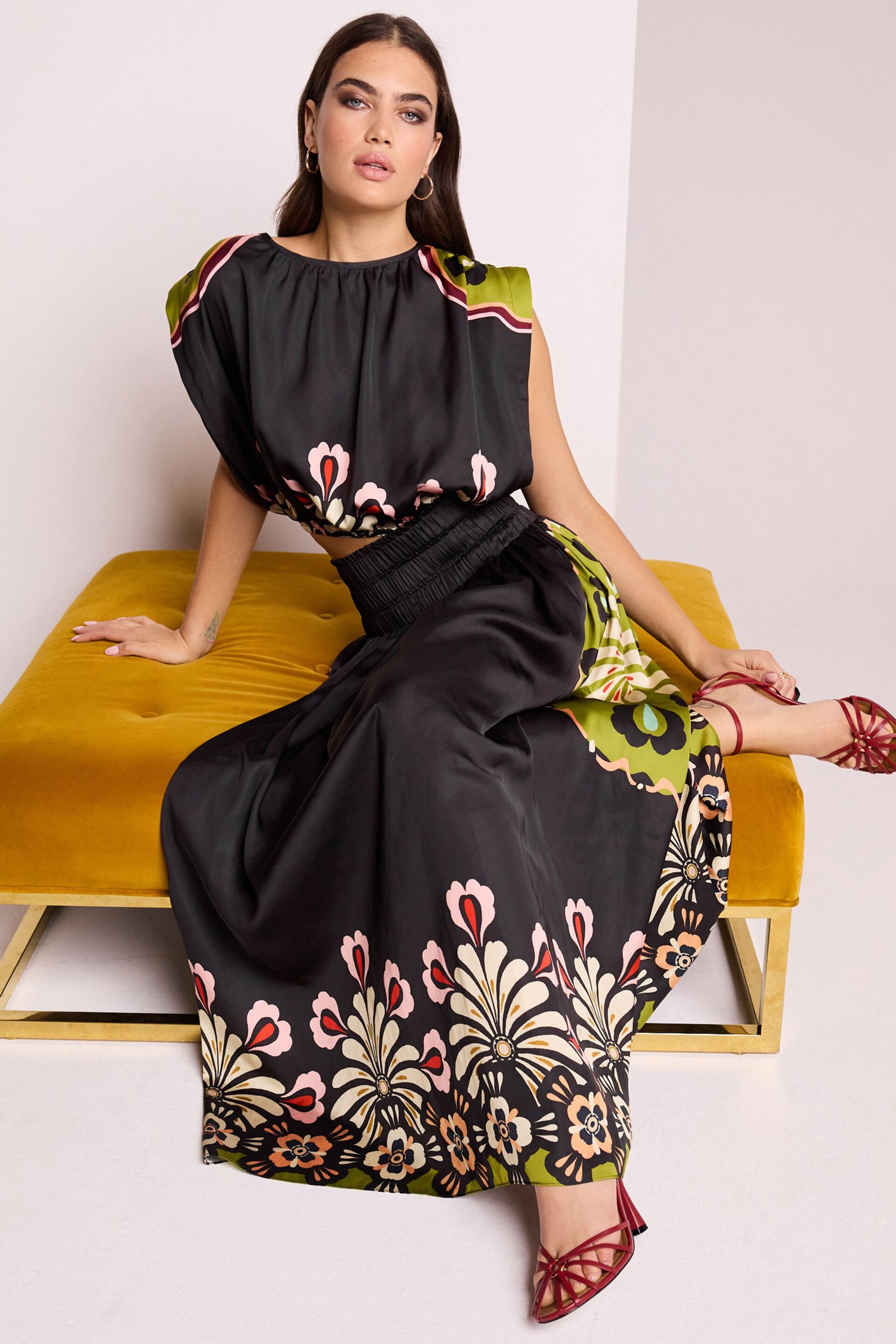 Black Satin Bright Floral Print Maxi Skirt - Image 2 of 7