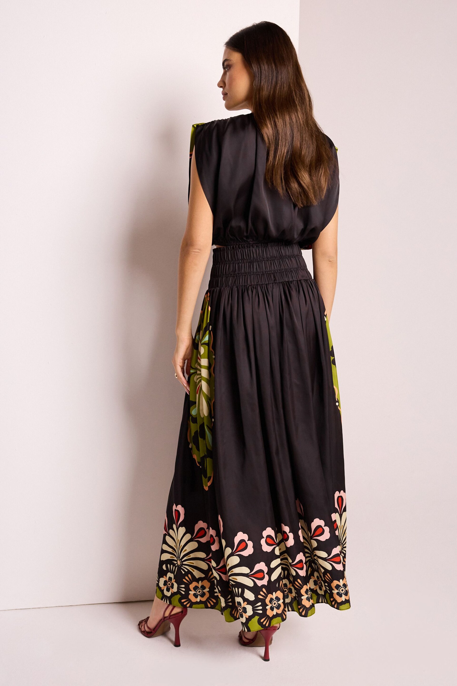 Black Satin Bright Floral Print Maxi Skirt - Image 4 of 7