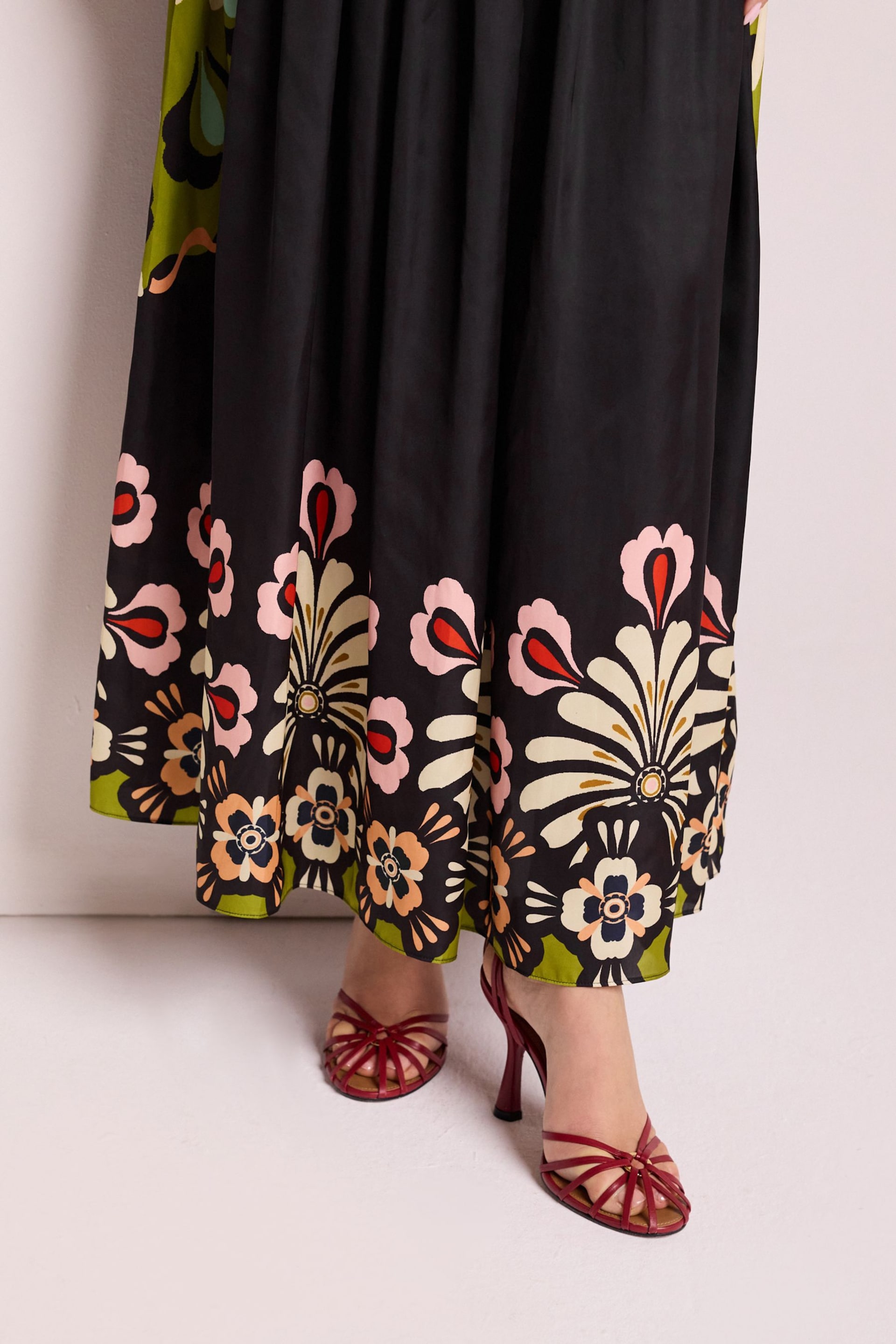 Black Satin Bright Floral Print Maxi Skirt - Image 5 of 7