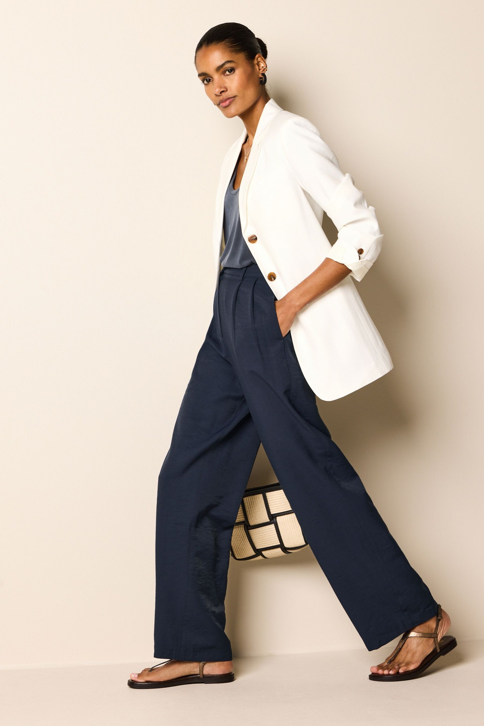 Navy Blue Elasticated Back Wide Leg Trousers - Image 1 of 7