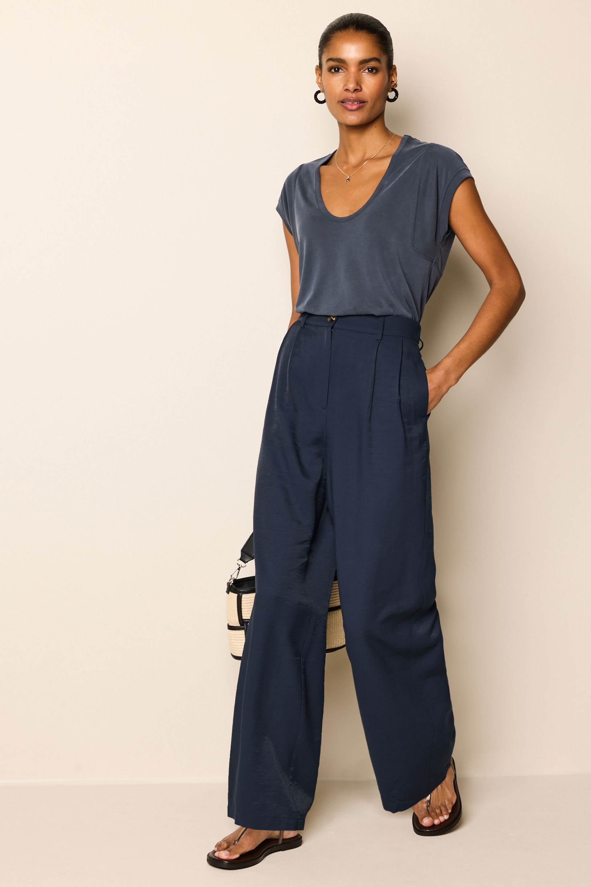 Navy Blue Elasticated Back Wide Leg Trousers - Image 2 of 7