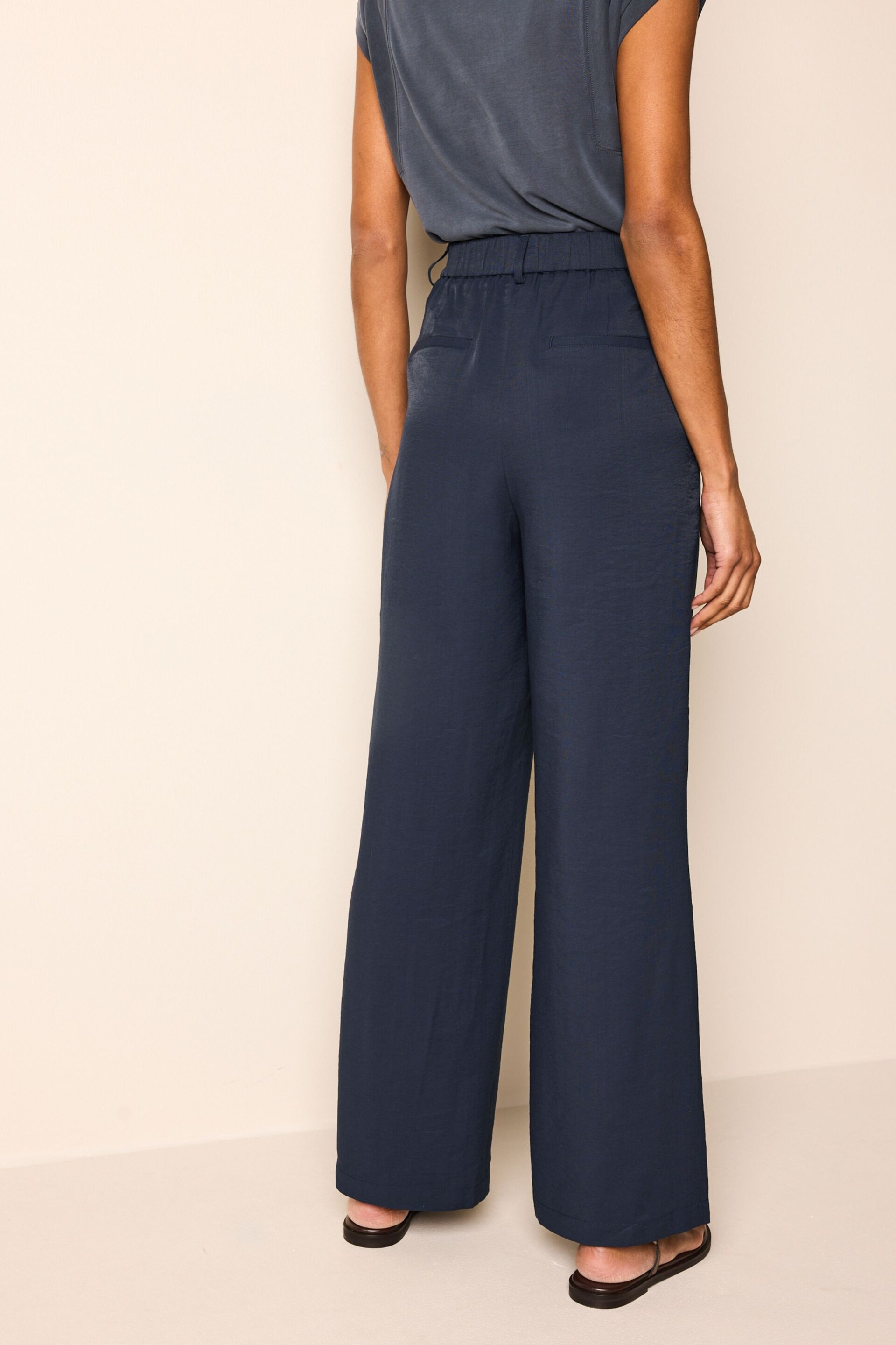 Navy Blue Elasticated Back Wide Leg Trousers - Image 4 of 7