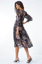 Roman Black Floral Shirred Midi Dress - Image 2 of 5