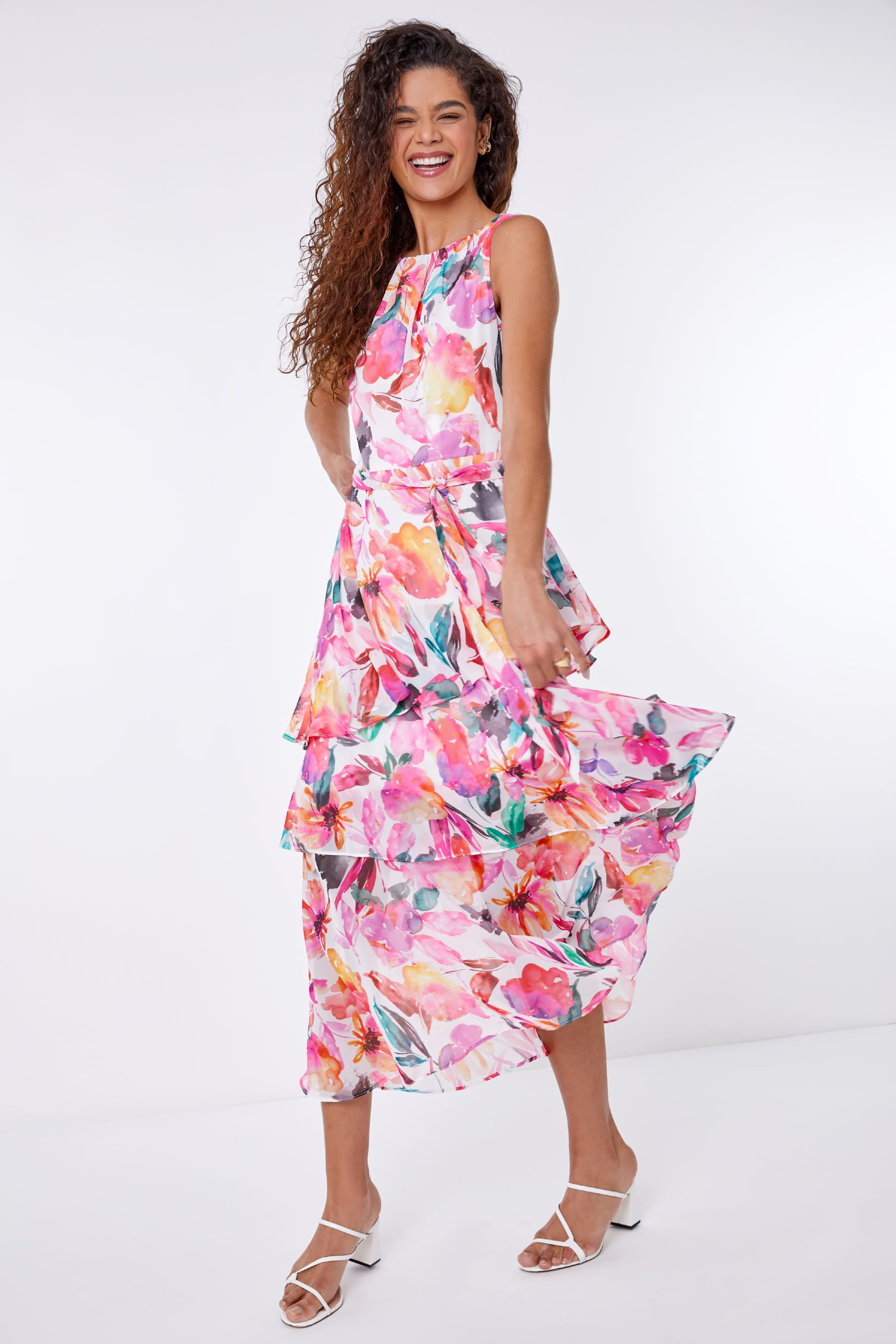 Pink frill midi dress new arrivals