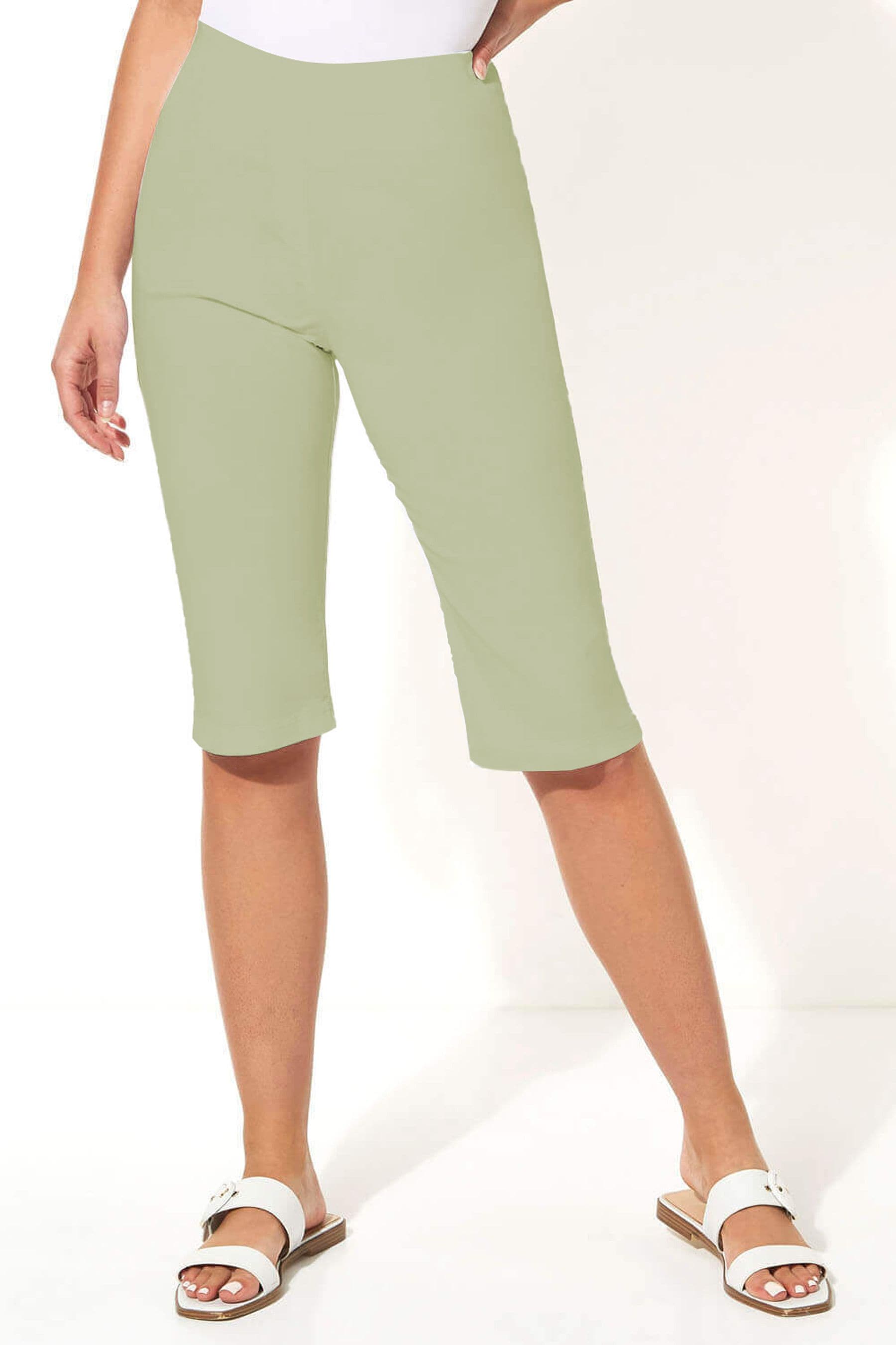 Khaki knee length shorts women's sales