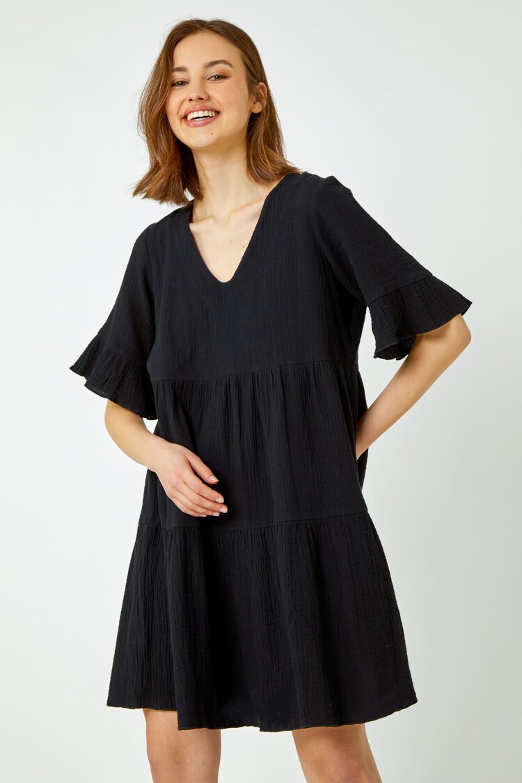 Roman Black 100% Cotton Textured Tiered Smock Dress - Image 1 of 5