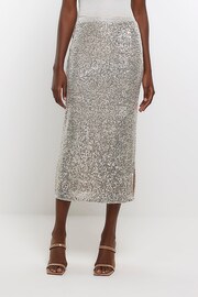 River Island Silver Sequin Midi Skirt - Image 1 of 6