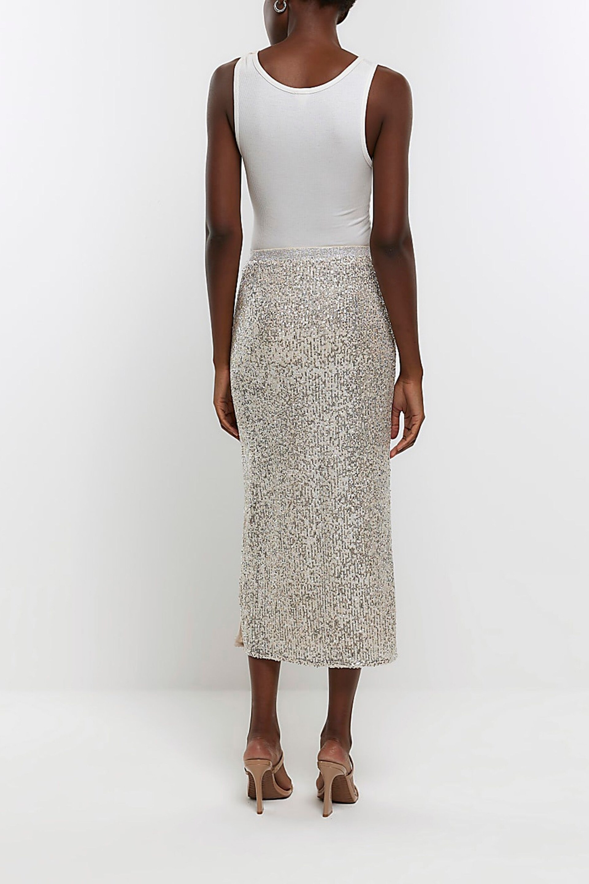 River Island Silver Sequin Midi Skirt - Image 3 of 6