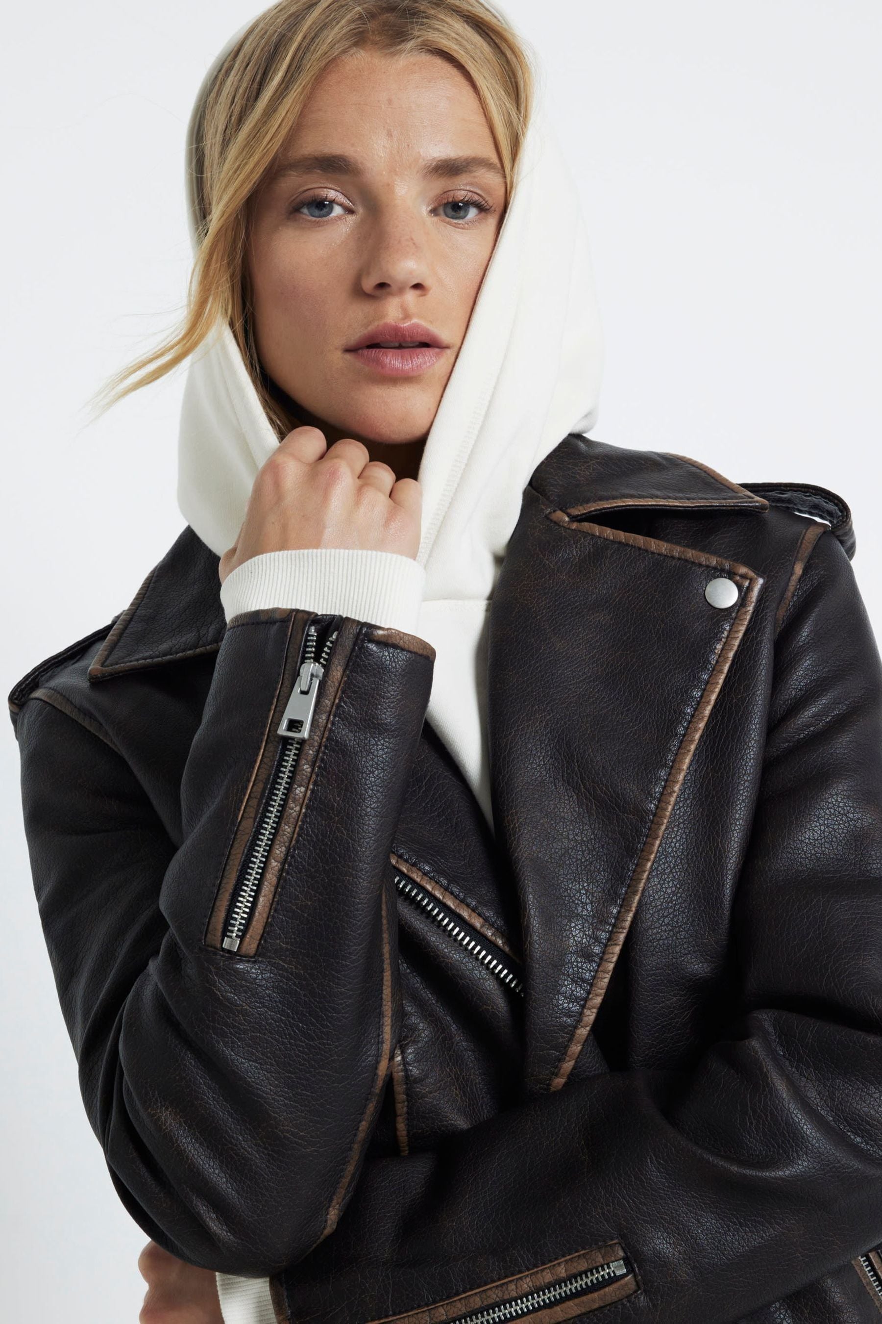 Buy River Island Brown Faux Leather Oversized Distressed Biker Jacket from Next Belgium