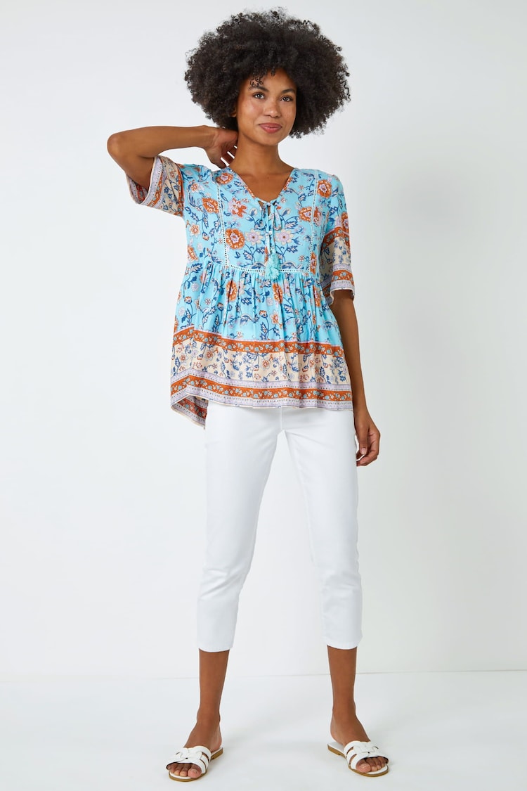 Roman Blue Floral Border Print Tassel Detail Top - Image 2 of 5