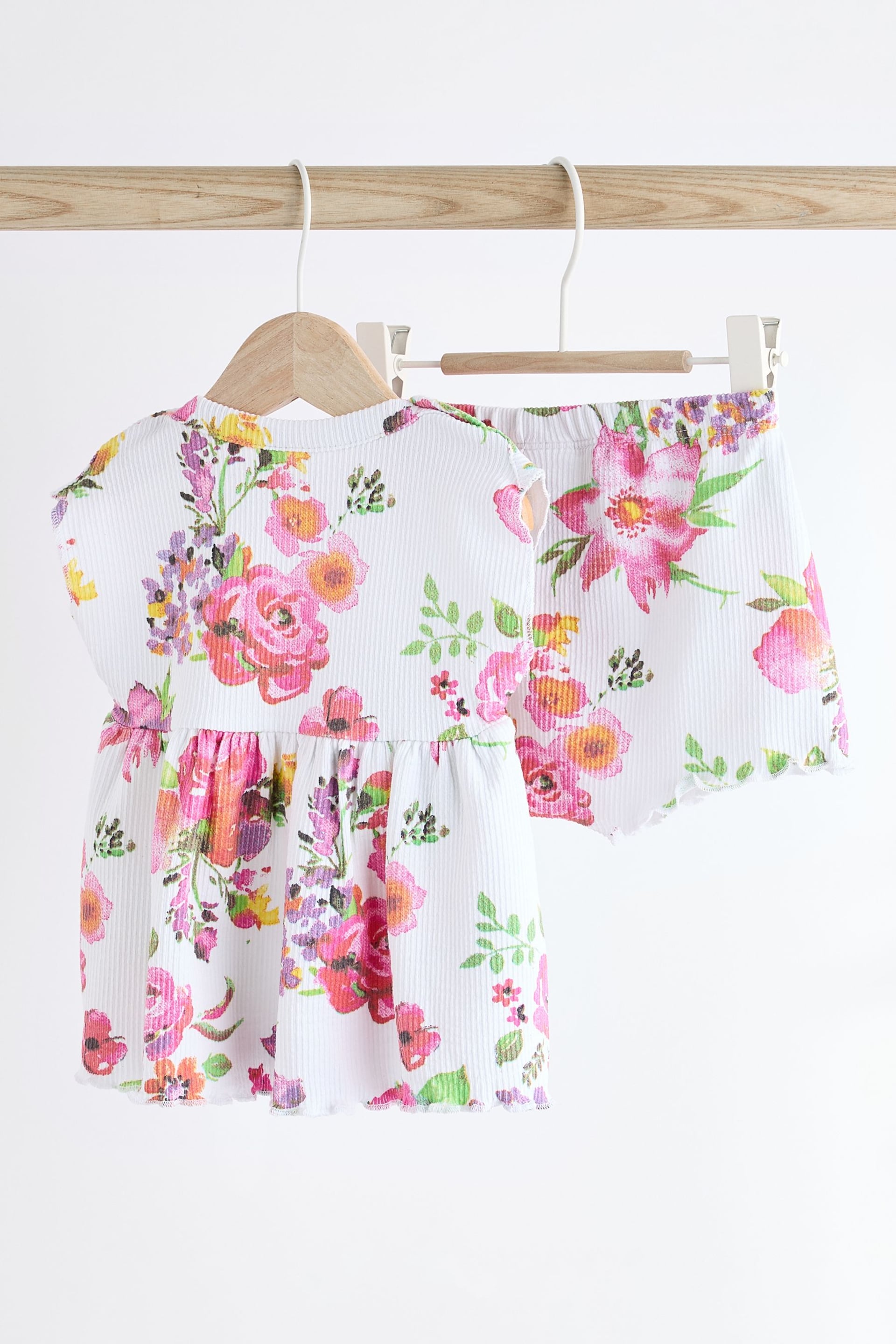 White Floral Baby Peplum Rib Top and Shorts 2 Piece Set - Image 5 of 14