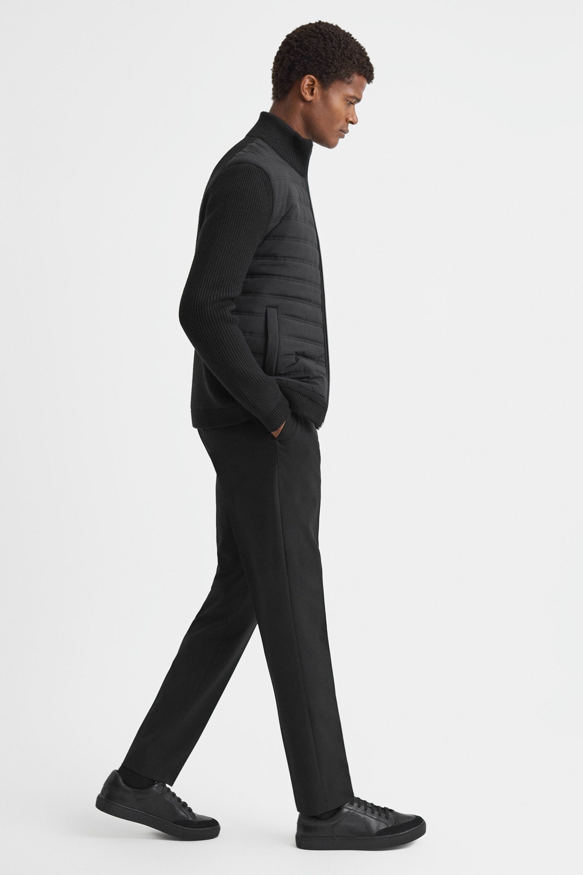 Reiss Black Southend Hybrid Quilt and Knit Zip-Through Jacket - Image 1 of 8