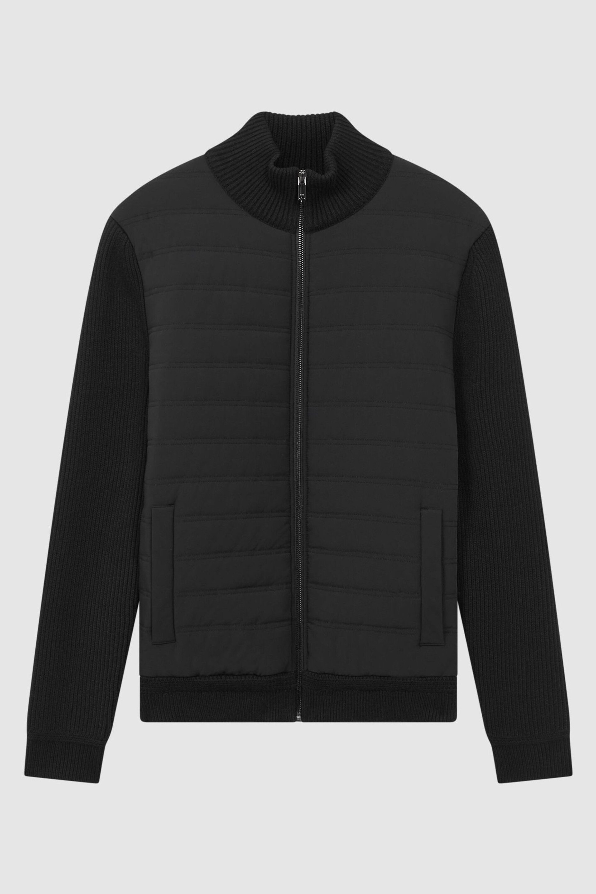 Reiss Black Southend Hybrid Quilt and Knit Zip-Through Jacket - Image 2 of 8