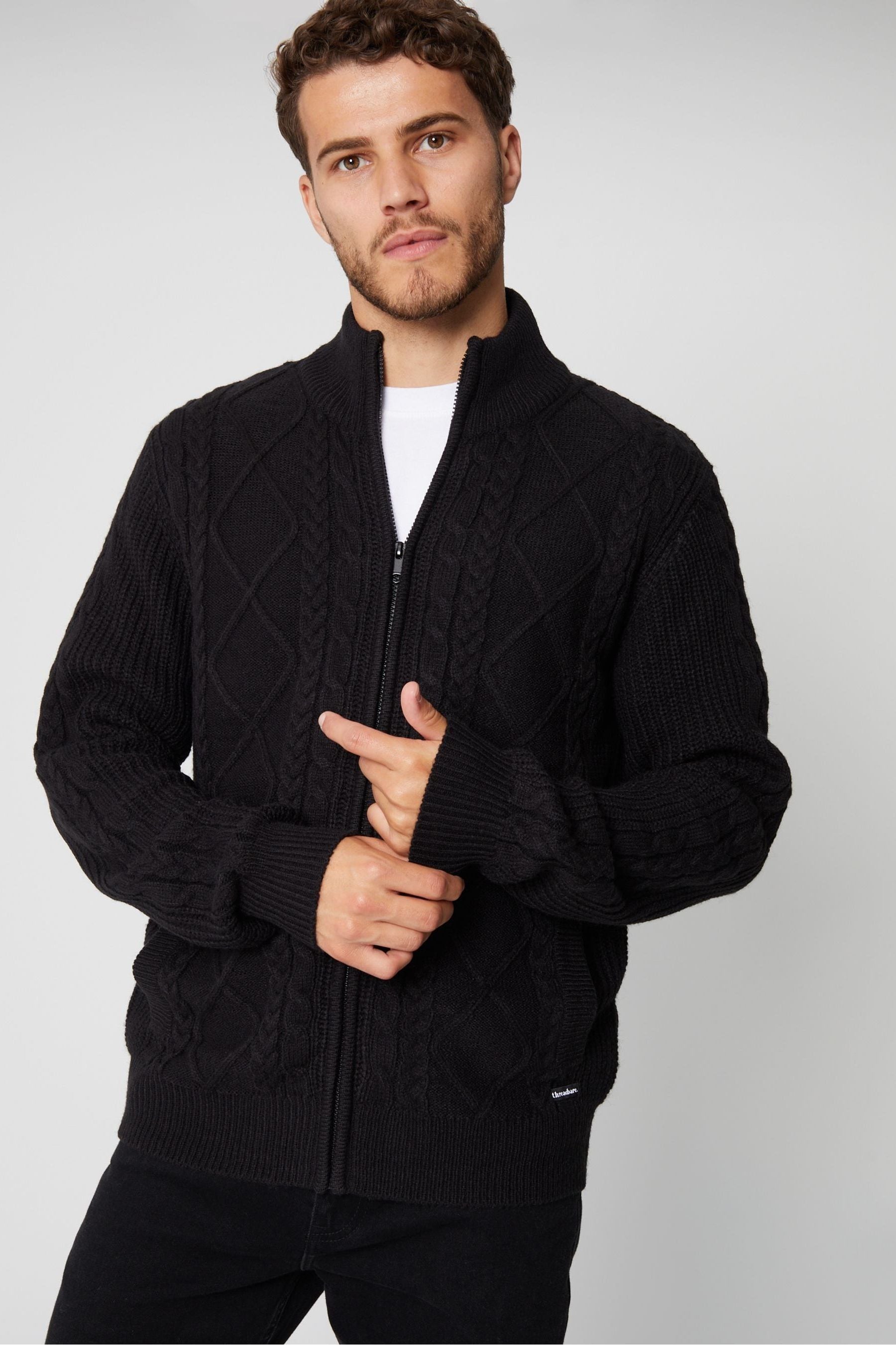 Buy Threadbare Black Zip Through Cable Knit Cardigan from Next Canada