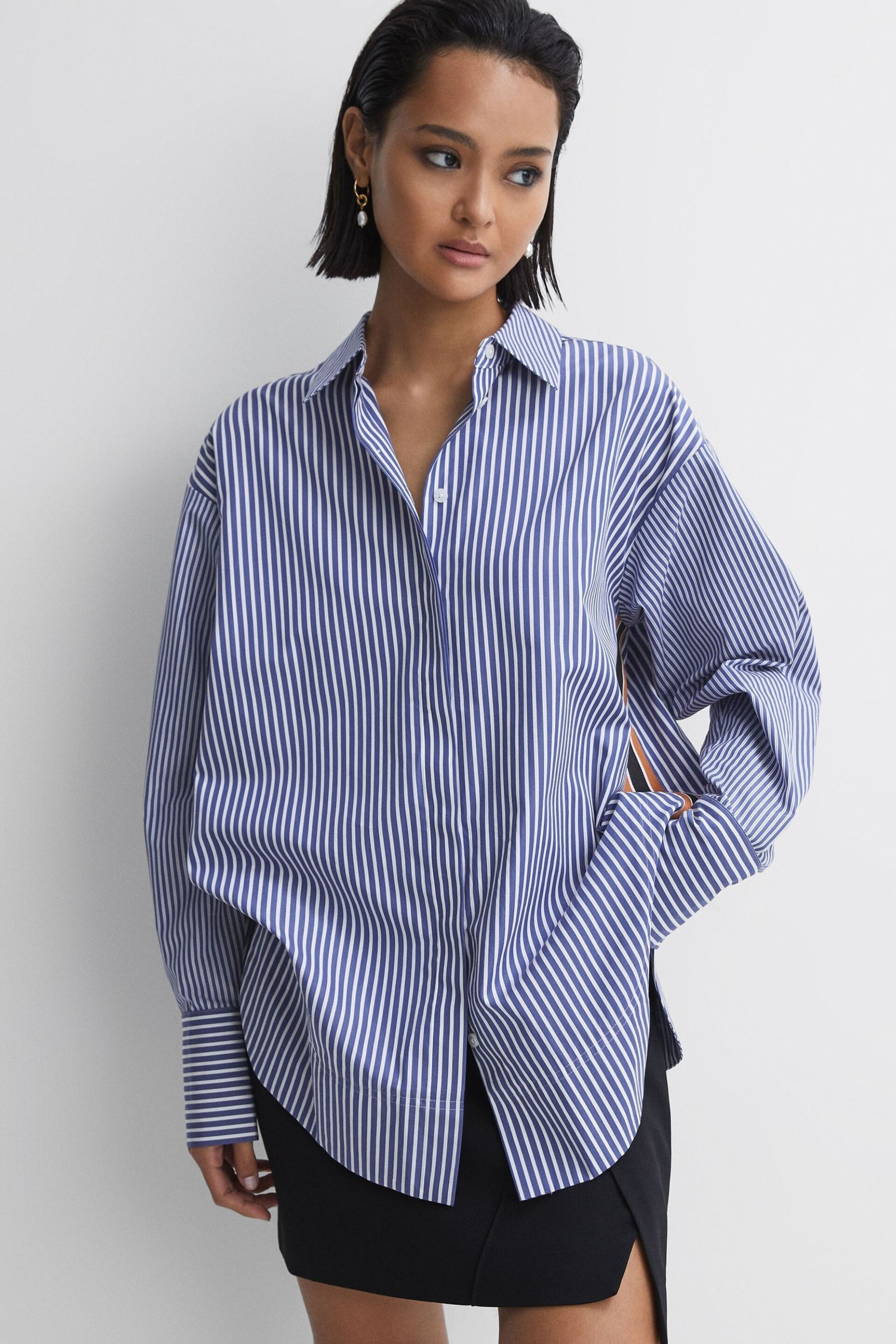 Reiss Blue/White Danica Oversized Cotton Side Stripe Shirt - Image 3 of 6
