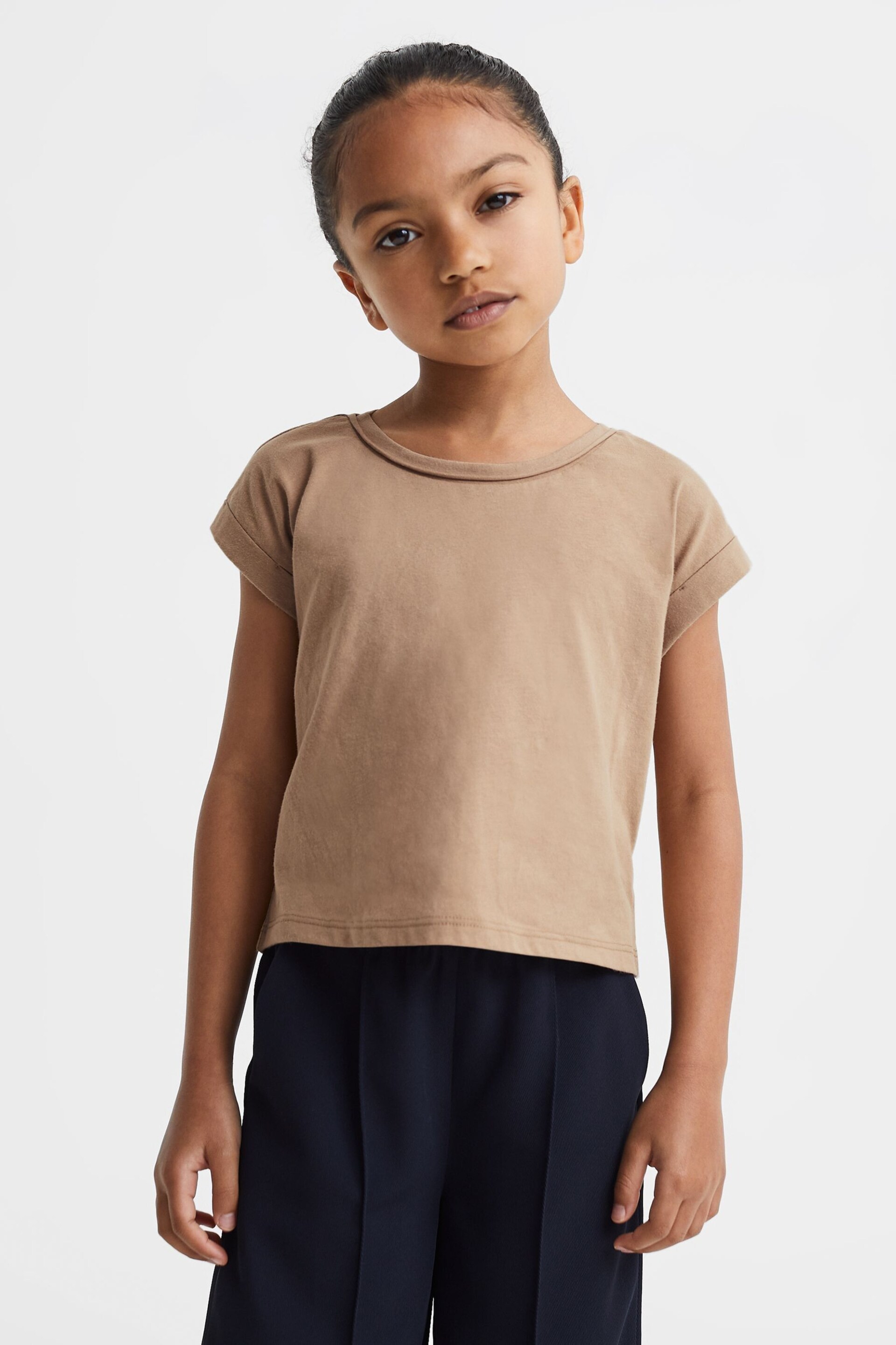 Reiss Camel Terry Senior Cotton Crew Neck Crop Top - Image 1 of 6