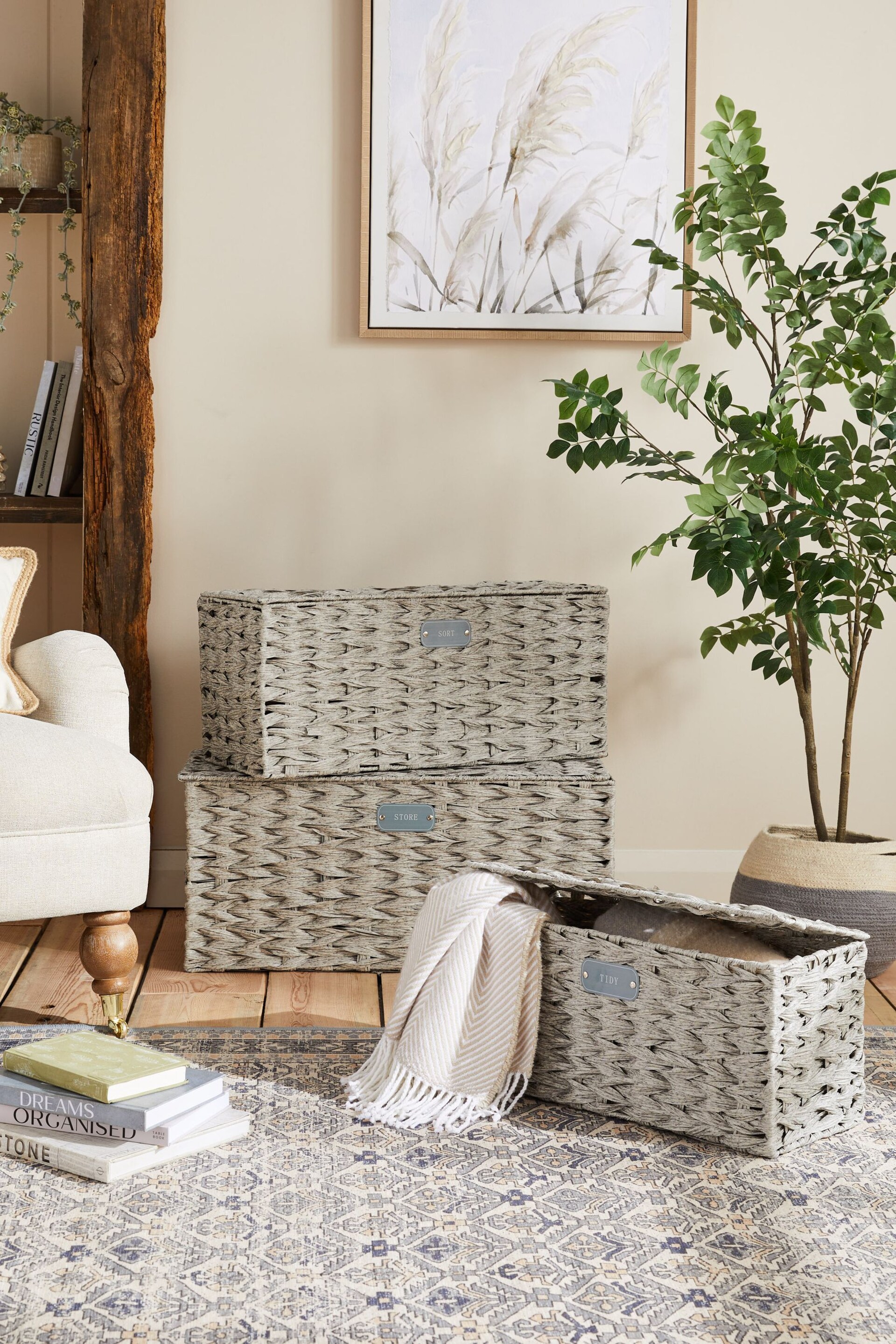 Grey Plastic Wicker Set of 3 Storage Basket - Image 2 of 6