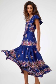 Roman Blue Floral Print Tiered 100% Cotton Midi Dress - Image 3 of 5